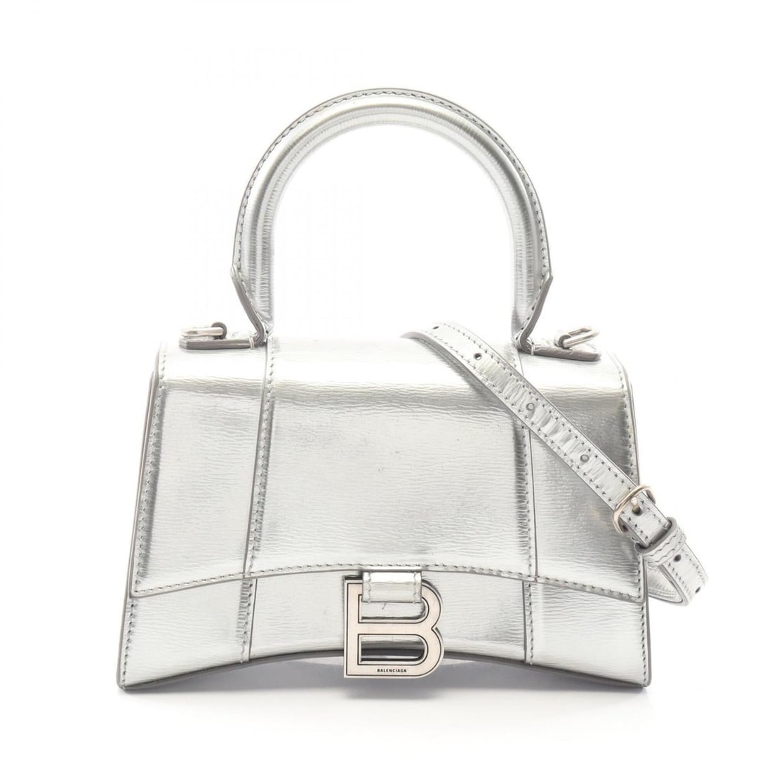 Balenciaga HOURGLASS XS 2-Way Handbag, Leather, Women's, Silver Tone, 592833: --- Catalog ---Category: SizeSize (HxWxD): 12cm x 19cm x 7cm / 4.72'' x 7.48'' x 2.75''Strap Length: 45cm - 118cm / 17.71'' - 46.45''Handle Length: 24cm / 9.44''Category: DesignType: HandbagColor: Sil