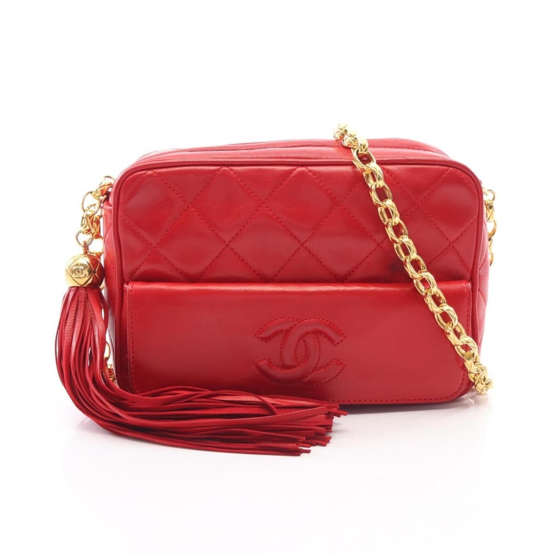 Chanel Matelassé Tassel Shoulder Bag/Handbag, Lambskin Leather, Women's, Red: --- Catalog ---Category: SizeSize (HxWxD): 13cm x 18cm x 7cm / 5.11'' x 7.08'' x 2.75''Category: DesignType: Handbag, Shoulder bagColor: Red colorGender: WomenMaterial: Leather Hardware Color: GoldLea