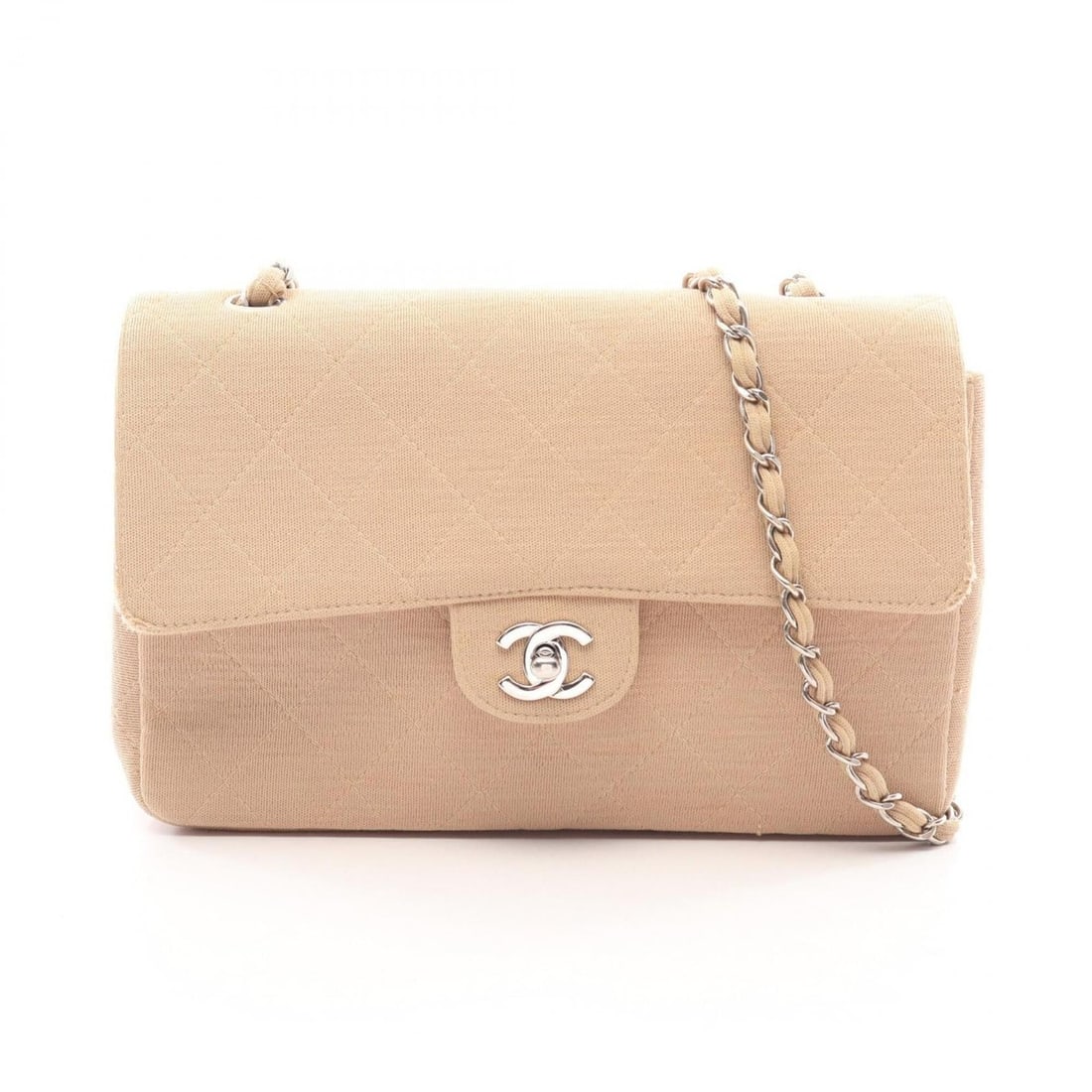 Chanel Matelassé Single Flap Shoulder Bag/Handbag, Cotton Jersey, Women's, Beige: --- Catalog ---Category: SizeSize (HxWxD): 17.5cm x 25cm x 6cm / 6.88'' x 9.84'' x 2.36''Category: DesignType: Handbag, Shoulder bagColor: BeigeGender: WomenMaterial: Cotton Hardware Color: SilverCate