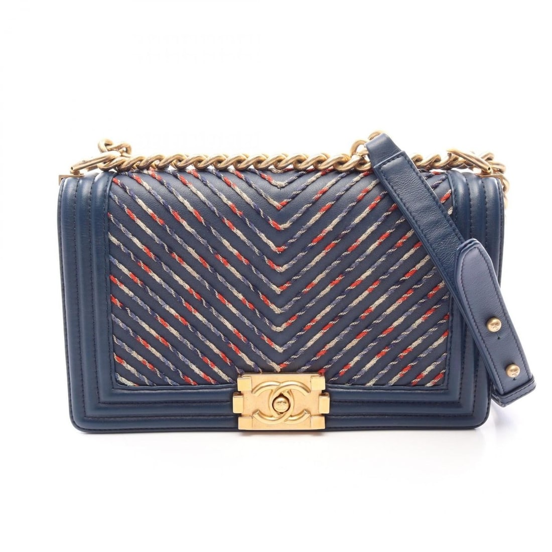 Chanel Boy Chevron V-stitch Shoulder Bag Handbag Leather Women's Blue Multicolor: --- Catalog ---Category: SizeSize (HxWxD): 14.5cm x 25cm x 7cm / 5.7'' x 9.84'' x 2.75''Category: DesignType: Handbag, Shoulder bagColor: Blue, Multi-colorGender: WomenMaterial: Leather Hardware Color