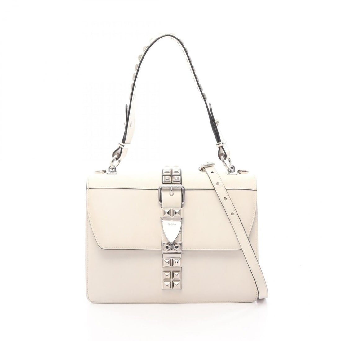 Prada Electra City Calf+Saffi Studded 2-Way Handbag, Leather, Women's, White (1BA179) (1 of 14)