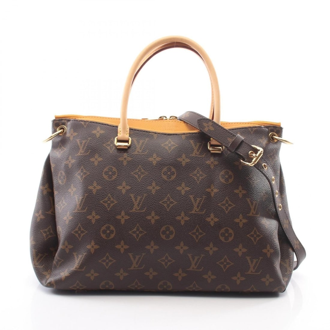 Louis Vuitton Pallas 2-Way Handbag, Coated Canvas and Leather, Monogram Pattern, Women's,: --- Catalog ---Category: SizeSize (HxWxD): 25cm x 35cm x 13.5cm / 9.84'' x 13.77'' x 5.31''Category: DesignType: HandbagColor: Brown, Monogram, Saffron, YellowGender: WomenMaterial: Coated canvas , Le