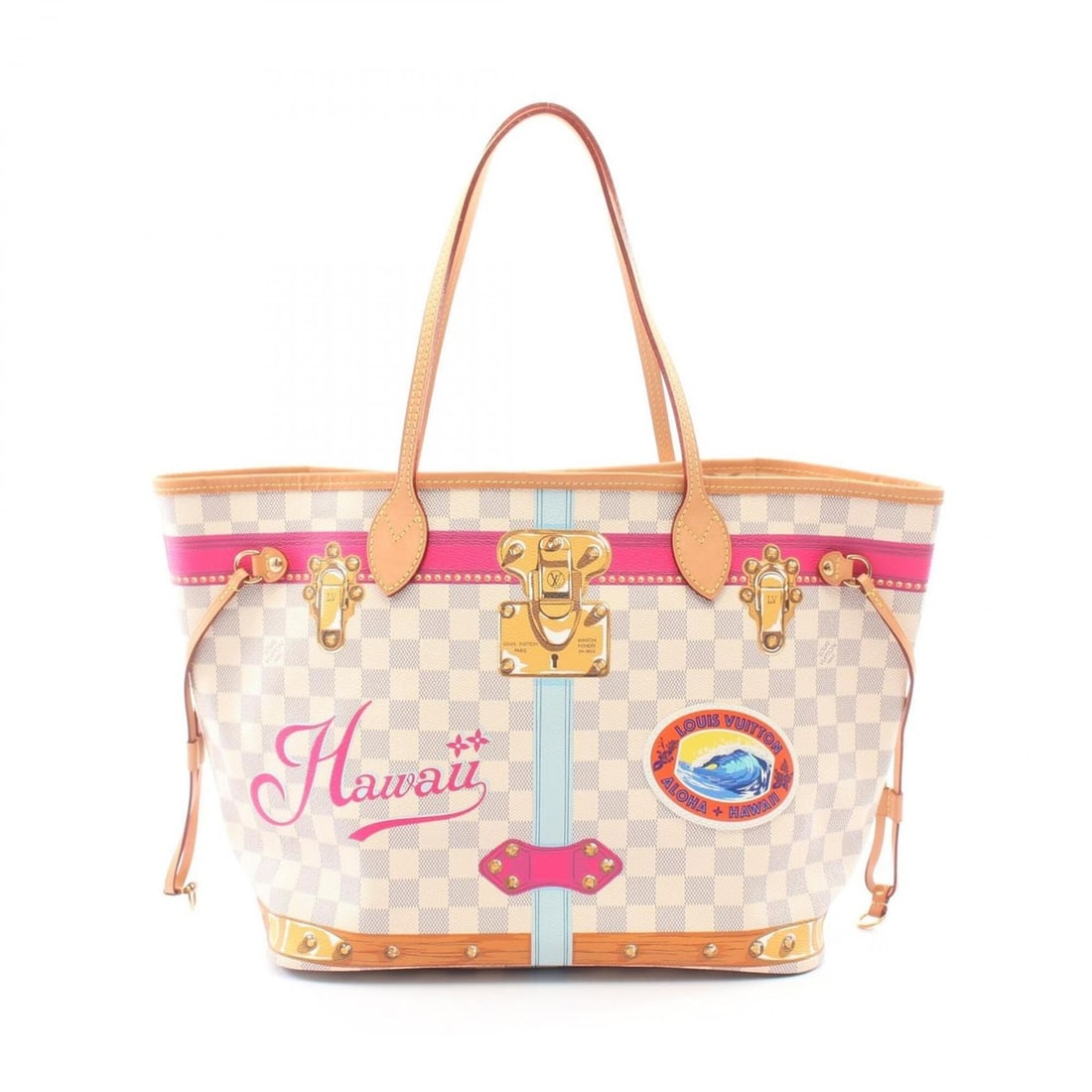 Louis Vuitton Neverfull MM Summer Trunk Tote Bag Handbag, Coated Canvas and Leather, Damier Azur,: --- Catalog ---Category: SizeSize (HxWxD): 28cm x 32cm x 16cm / 11.02'' x 12.59'' x 6.29''Category: DesignType: Handbag, Tote bagColor: Damier Azur, Multi-color, WhiteGender: WomenMaterial: Coated can