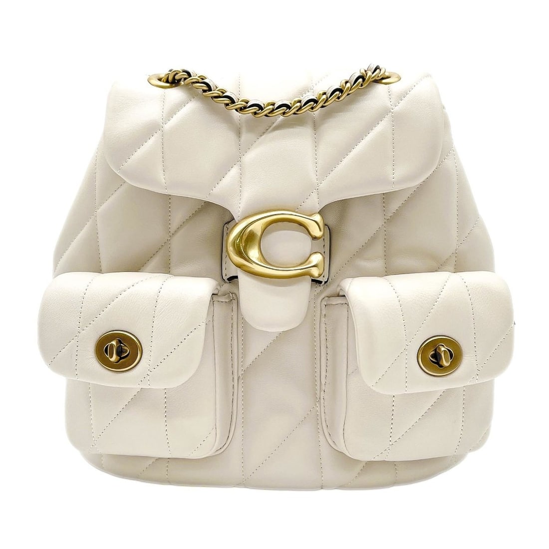 COACH Tabby Backpack, Quilted Rucksack with Chain Shoulder Strap, Leather, White, Women's (CU076): --- Catalog ---Category: SizeSize (HxWxD): 20cm x 22cm x 11.5cm / 7.87'' x 8.66'' x 4.52''Category: DesignType: BackpackColor: Gold, WhiteGender: WomenMaterial: Leather Category: GeneralMPN: CU076Bran