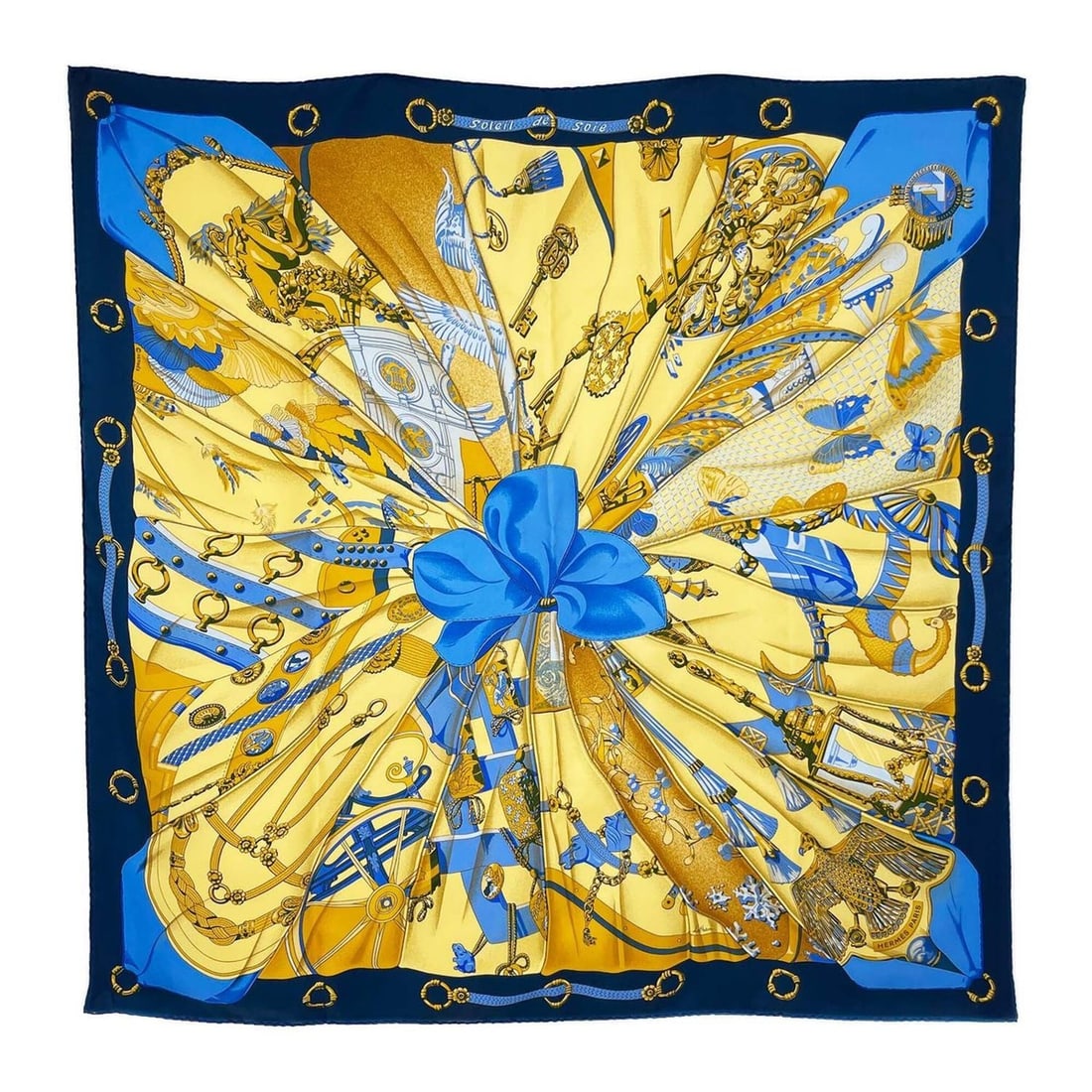 HERMES Carre 90 Soleil de Soie (Sun Silk) Scarf/Muffler, Silk, Navy, Men's/Women's: --- Catalog ---Category: SizeSize (LxW): 88cm x 89cm / 34.64'' x 35.03''Category: DesignType: ScarfColor: NavyGender: Men,WomenMaterial: Silk Category: GeneralBrand: Hermes--- Item List ---Section: