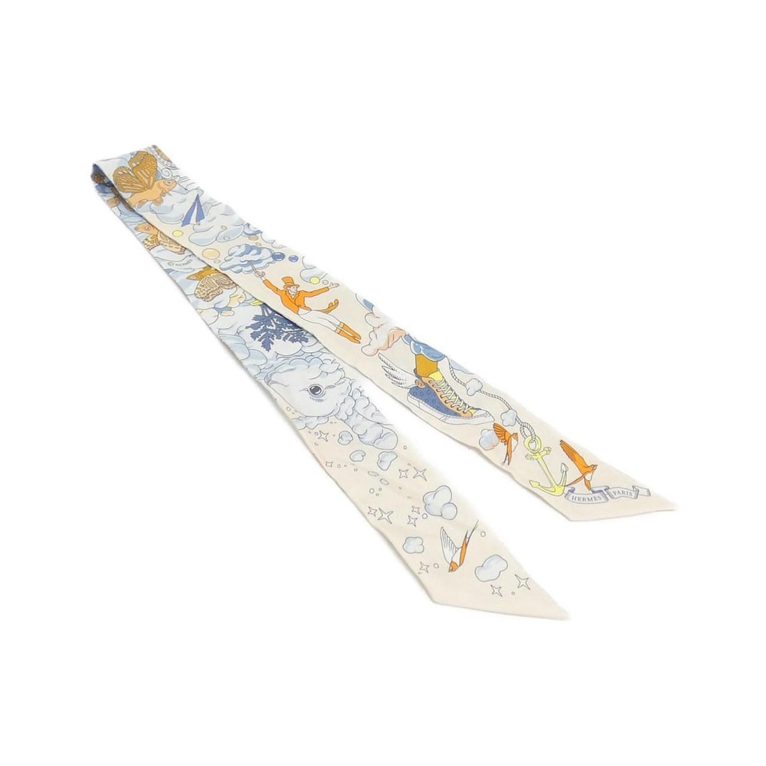 Hermes SUR MON NUAGE Twilly 063900S Scarf Muffler: --- Catalog ---Category: SizeSize (LxW): 86cm x 5cm / 33.85'' x 1.96''Category: DesignType: ScarfColor: Blue, OrangeGender: WomenMaterial: Silk Category: GeneralBrand: Hermes--- Item List ---Section: