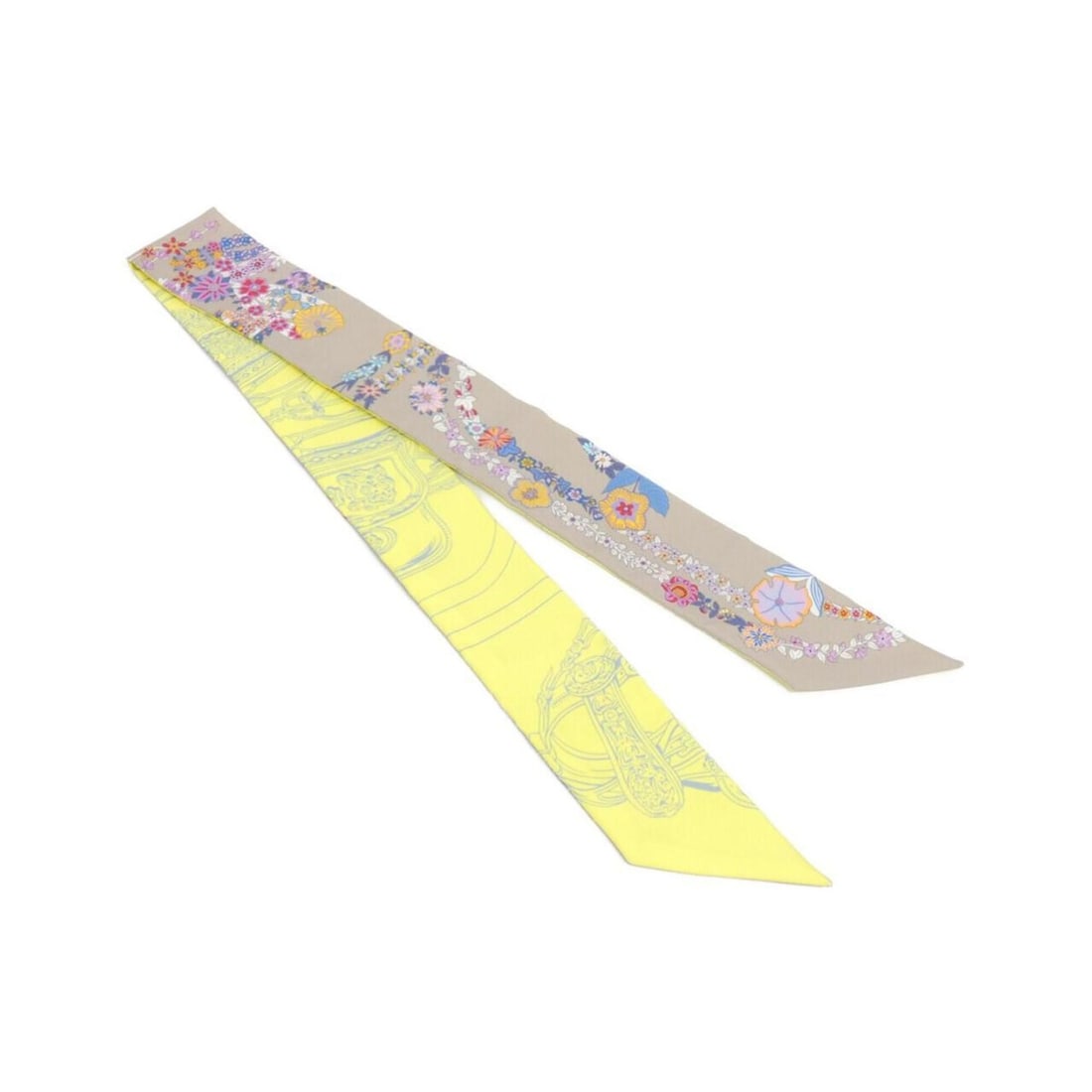 Hermes BRIDES DE GALA EN FLEURS Twilly 064220S Scarf Muffler: --- Catalog ---Category: SizeSize (LxW): 86cm x 5cm / 33.85'' x 1.96''Category: DesignType: ScarfColor: YellowGender: WomenMaterial: Silk Category: GeneralMPN: 064220SBrand: Hermes--- Item List ---Sec