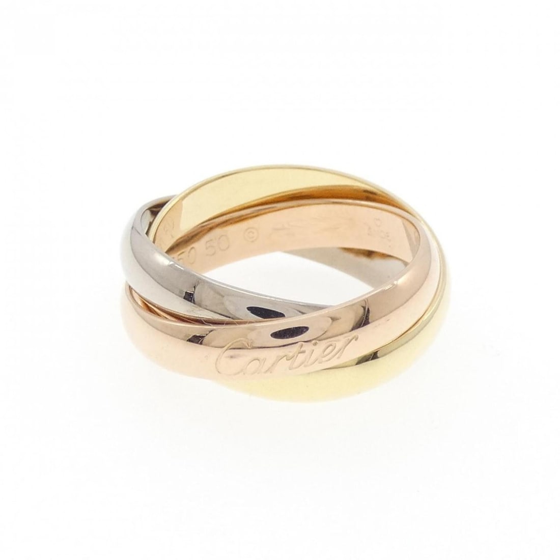Cartier Trinity Ring: --- Catalog ---Category: SizeUS Size: 5.5Brand Size: 50Category: DesignType: Band ringMaterial: Pink gold (18K), White gold (18K), Yellow gold (18K)Category: GeneralBrand: Cartier--- Item List ---Sect