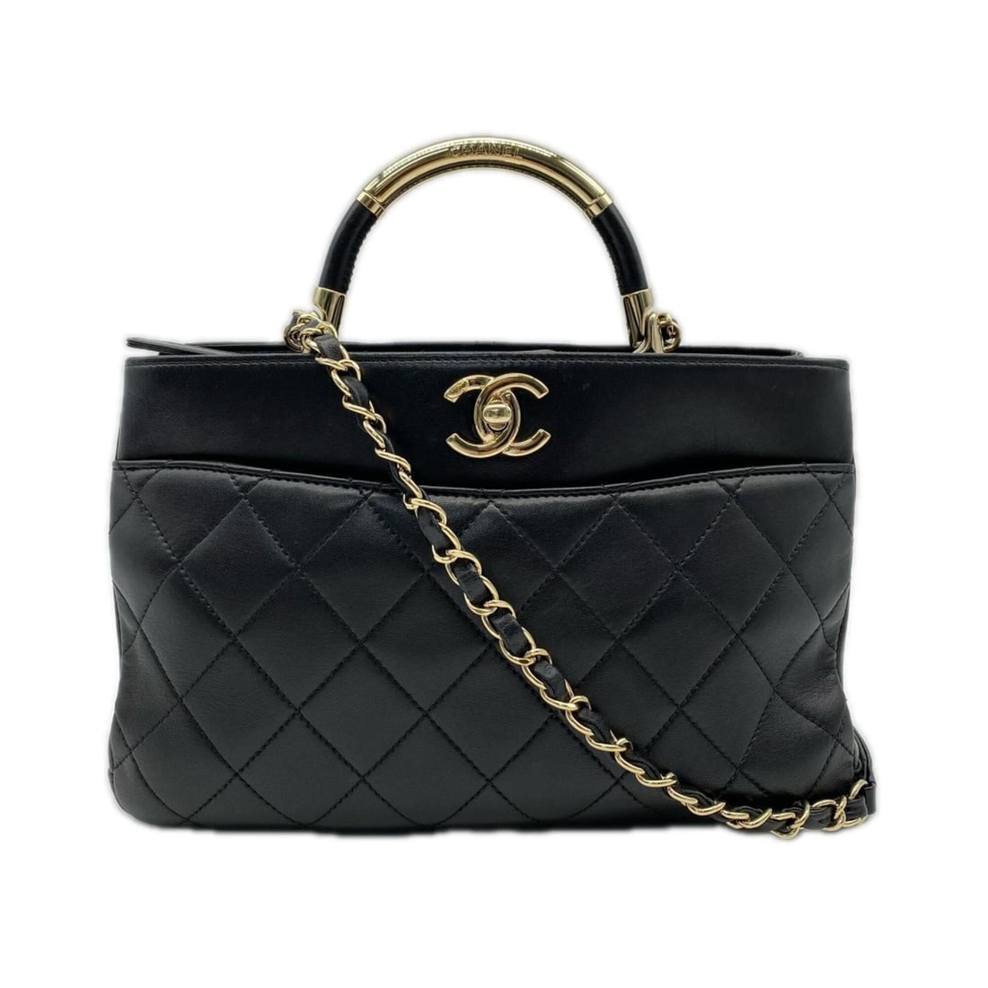 CHANEL Matelassé Turnlock Handbag, Black and Gold, Lambskin, Women's: --- Catalog ---Category: SizeSize (HxWxD): 17cm x 27cm x 10cm / 6.69'' x 10.62'' x 3.93''Handle Length: 21cm / 8.26''Category: DesignType: HandbagColor: BlackGender: WomenMaterial: Leather Hardware Co