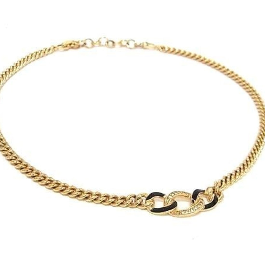 Christian Dior necklace, gold and black metal, rhinestones, enamel, for women.: --- Catalog ---Category: SizePendant Size: 10mm x 30mm / 0.39'' x 1.18''Neck Circumference: 45 cm / 17.71''Category: DesignColor: Black, GoldGender: WomenMaterial: Enamel, Metal, RhinestonePendant