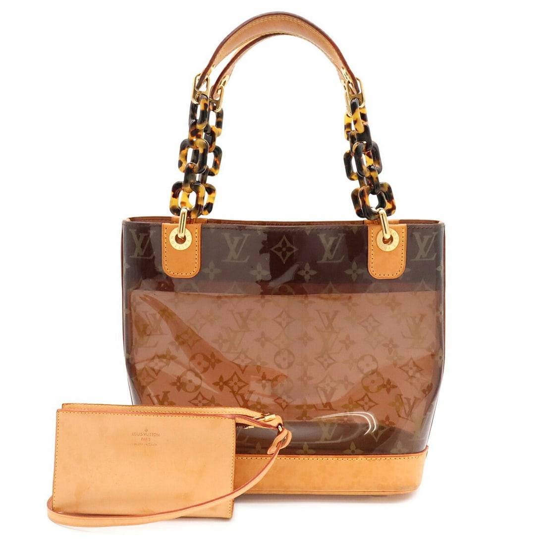 LOUIS VUITTON Louis Vuitton Monogram Vinyl Cabas Ambre PM Tote Bag Shoulder Plastic Chain Brown: --- Catalog ---Category: SizeWeight: 740g / 1.63lb.Size (HxWxD): 23cm x 24cm x 10.5cm / 9.05'' x 9.44'' x 4.13''Category: DesignType: Shoulder bag, Tote bagColor: Brown, ClearGender: WomenMaterial: Vi