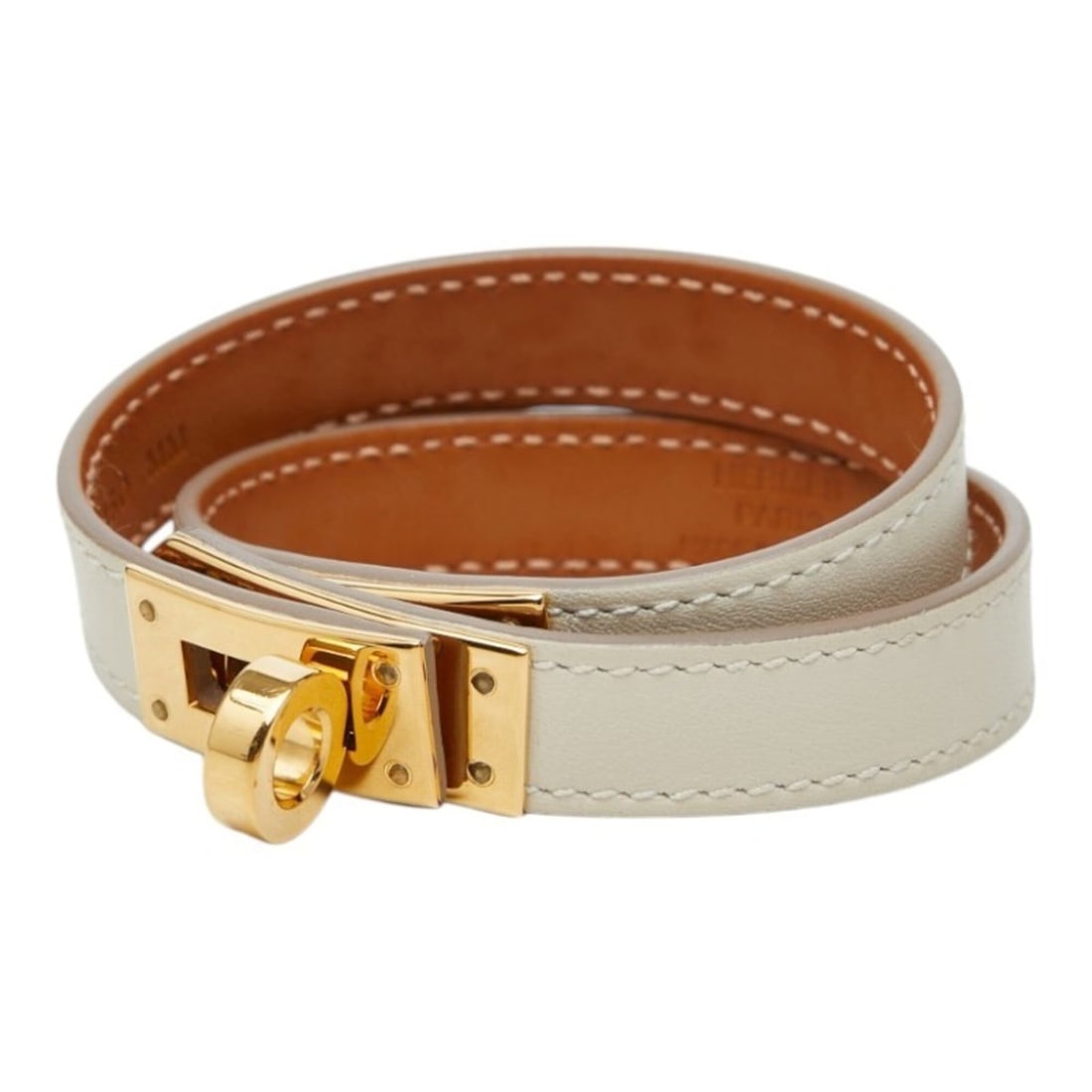 Hermes Kelly Double Tour Bracelet, Size: T3, Ivory/White Leather, Plated, Women's.: --- Catalog ---Category: SizeLength: 15cm / 5.9''Category: DesignType: Charm braceletColor: Ivory, WhiteGender: WomenMaterial: LeatherCategory: GeneralBrand: Hermes--- Item List ---Section: ConditionR