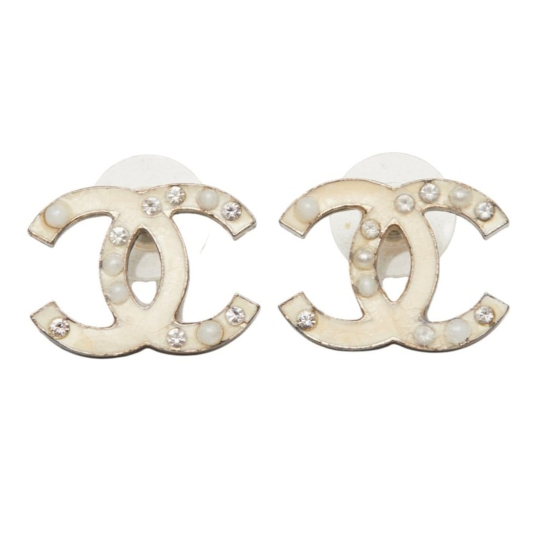 Chanel Coco Mark Stud Earrings 07A White Rhinestone Faux Pearl Women's CHANEL (1 of 9)