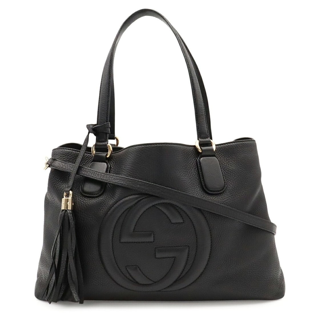 GUCCI Soho Working Tote Bag, Shoulder Tassel, Leather, Black, 308363: --- Catalog ---Category: SizeSize (HxWxD): 26cm x 39.5cm x 14cm / 10.23'' x 15.55'' x 5.51''Category: DesignType: Shoulder bag, Tote bagColor: Black, YellowGender: WomenMaterial: Leather Category: Gen