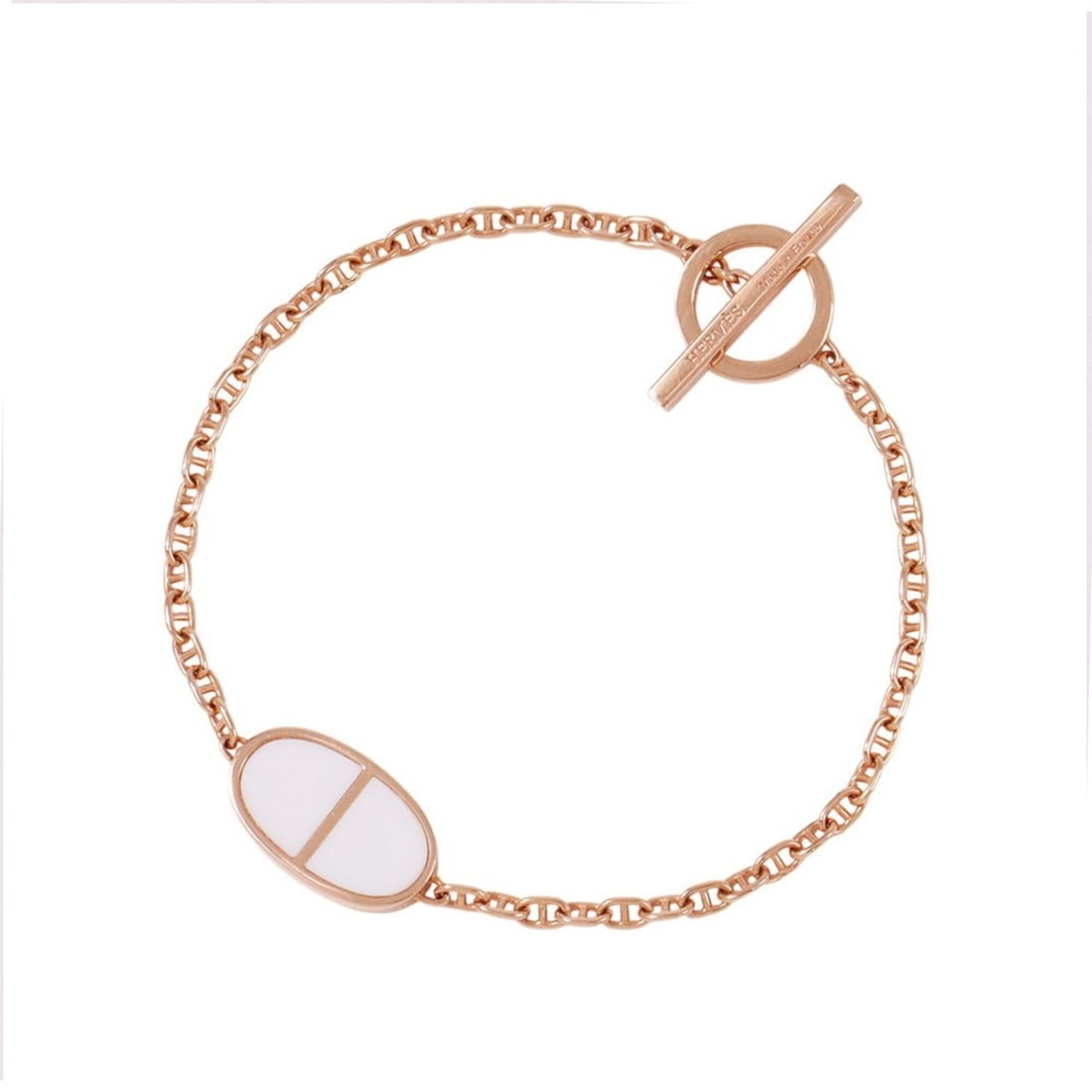Hermes Chaine d'Ancre Verso Bracelet, 18KPG Pink Gold, White Ceramic, Size SH. HERMES Bracelet: --- Catalog ---Category: SizeLength: 17cm / 6.69''Category: DesignType: Charm braceletColor: Pink, WhiteGender: WomenMaterial: Pink goldCategory: GeneralBrand: HermesCountry of Origin: France--- Item 