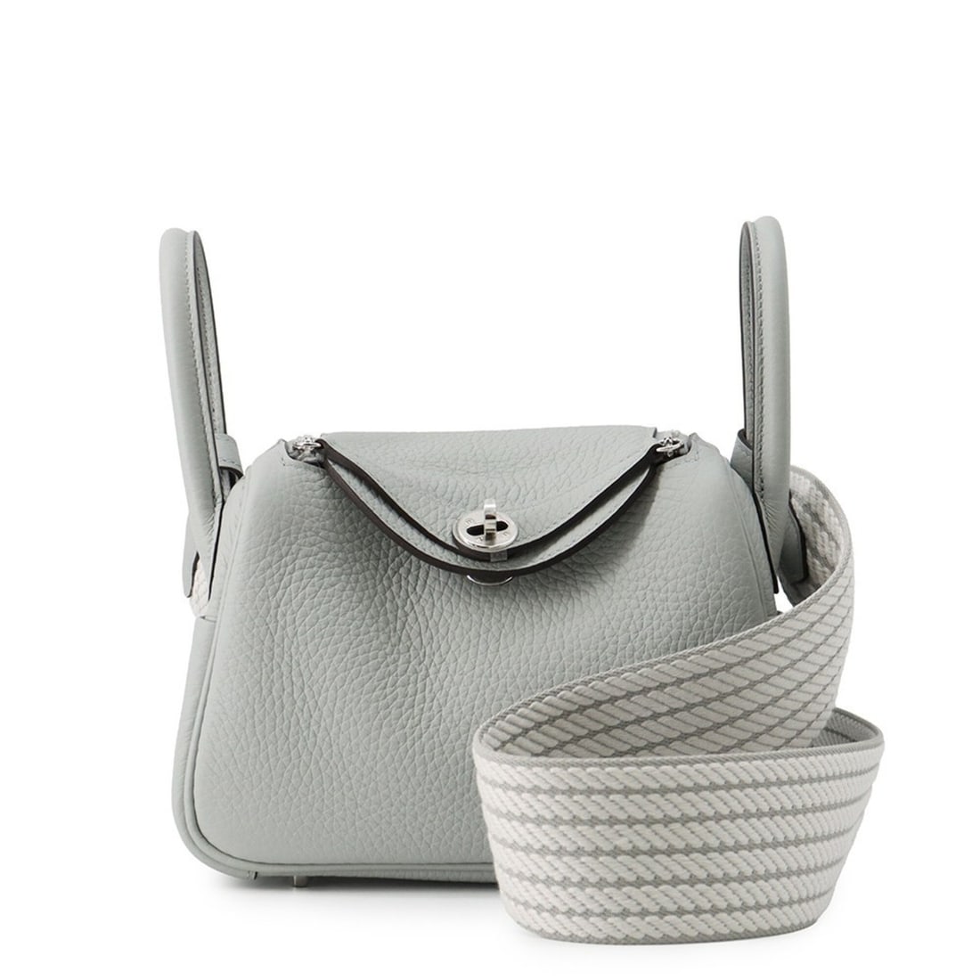 Hermes Lindy Mini Sangle Cortage Handbag, Blue Glacier/Gris Perle, Taurillon Clemence Leather, G: --- Catalog ---Category: SizeSize (HxWxD): 12cm x 19cm x 9cm / 4.72'' x 7.48'' x 3.54''Category: DesignType: HandbagColor: GrayGender: WomenMaterial: Taurillon clemence leather Category: GeneralBrand: