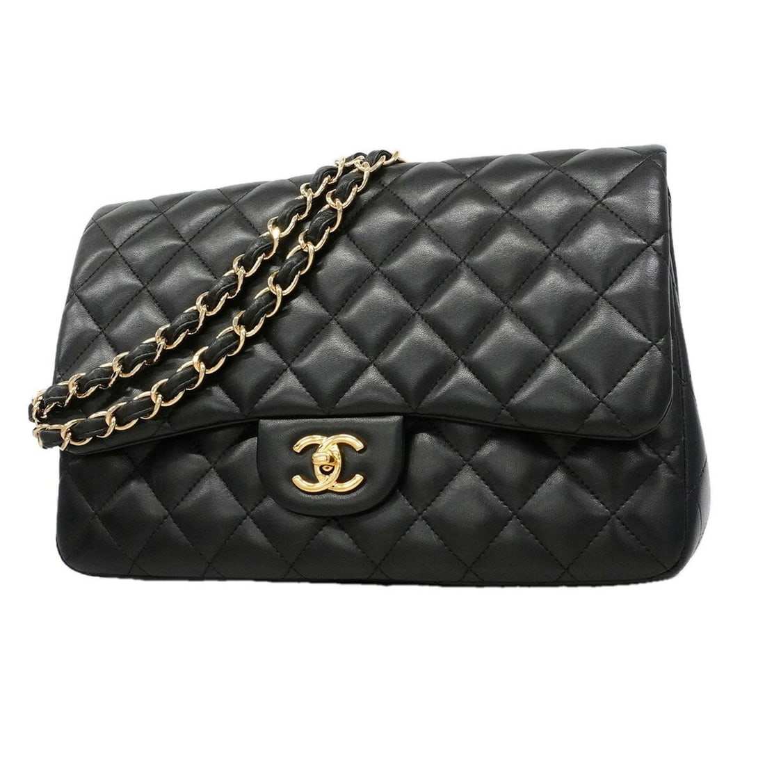 Chanel Shoulder Bag, Large Matelassé, Double Chain, Lambskin, Black, Women's, OP024875 (1 of 16)