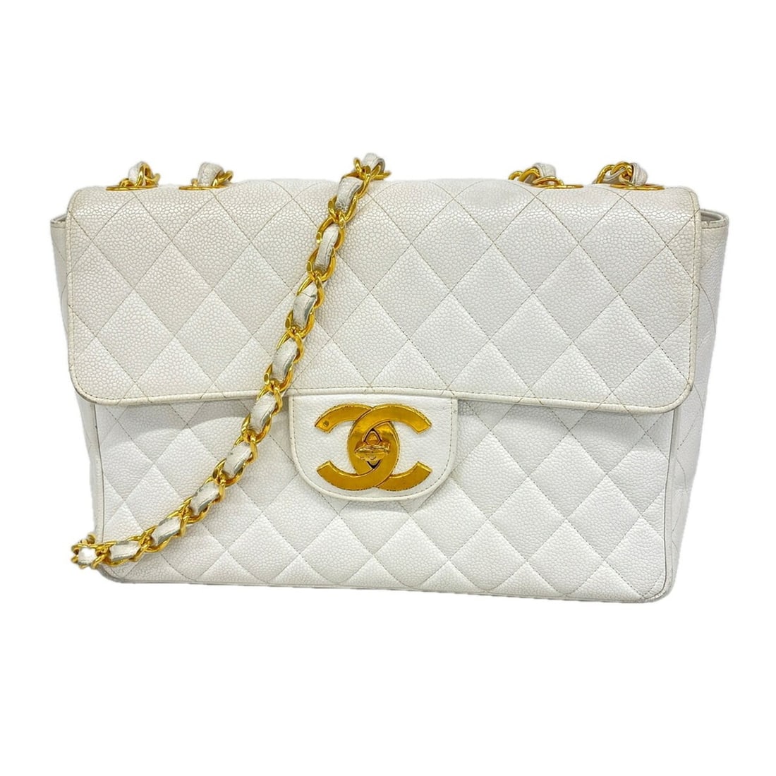 Chanel Shoulder Bag, Large Matelassé, Double Chain, Caviar Leather, White, Women's: --- Catalog ---Category: SizeSize (HxWxD): 23cm x 30cm x 8cm / 9.05'' x 11.81'' x 3.14''Category: DesignType: Shoulder bagColor: WhiteGender: WomenMaterial: Grained Calfskin Hardware Color: GoldCatego