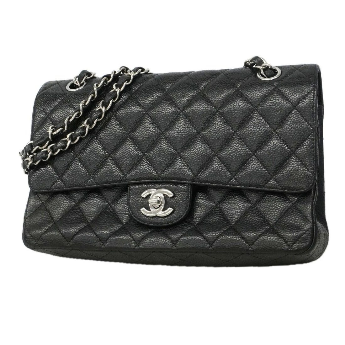 Chanel Matelassé Shoulder Bag, Double Flap, Chain, Caviar Leather, Black, Women's: --- Catalog ---Category: SizeSize (HxWxD): 16cm x 25cm x 6cm / 6.29'' x 9.84'' x 2.36''Category: DesignType: Shoulder bagColor: BlackGender: WomenMaterial: Grained Calfskin Hardware Color: SilverCateg