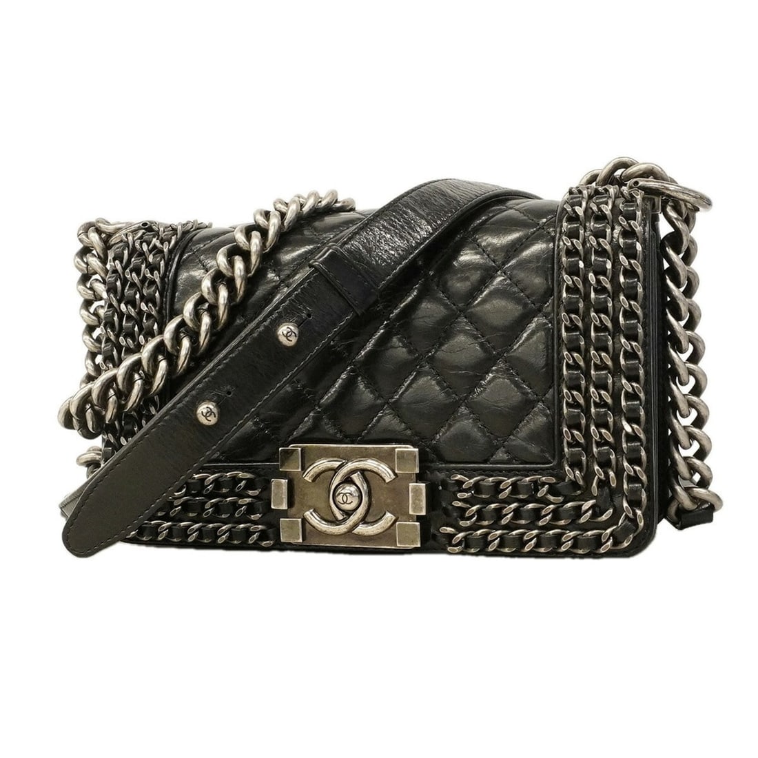 Chanel Boy Chain Shoulder Bag, Calfskin, Black, Women's: --- Catalog ---Category: SizeSize (HxWxD): 13cm x 20cm x 6.5cm / 5.11'' x 7.87'' x 2.55''Category: DesignType: Shoulder bagColor: BlackGender: WomenMaterial: Leather Hardware Color: SilverLeather/Fur 