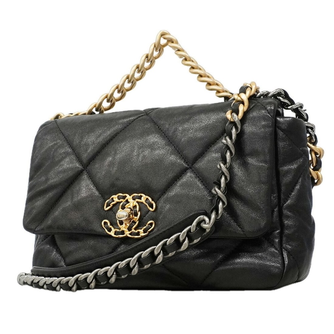 Chanel handbag, chain shoulder bag, 19 calfskin, black, 2-way bag for women: --- Catalog ---Category: SizeSize (HxWxD): 17.5cm x 25cm x 8cm / 6.88'' x 9.84'' x 3.14''Category: DesignType: HandbagColor: BlackGender: WomenMaterial: Leather Leather/Fur Type: CalfskinCategory: Gen