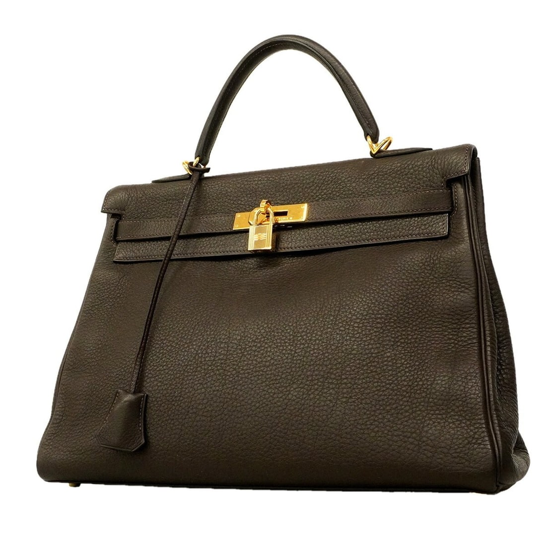 Hermes Kelly 35 handbag, Togo leather, Ebene finish, ?F stamp, ladies'.: --- Catalog ---Category: SizeSize (HxWxD): 26.5cm x 35cm x 13cm / 10.43'' x 13.77'' x 5.11''Category: DesignType: HandbagColor: BrownGender: WomenMaterial: Togo leather Hardware Color: GoldCategory: G