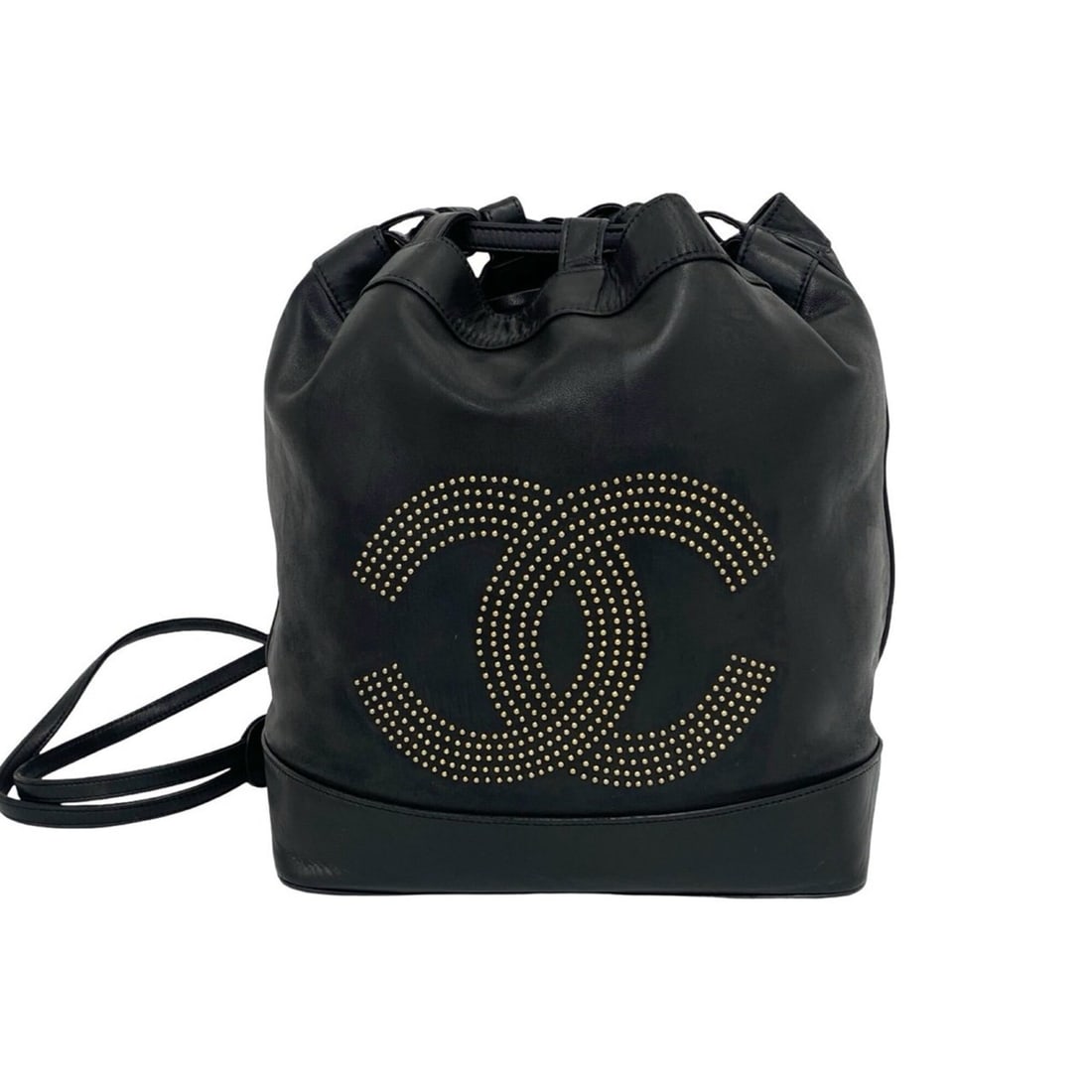 CHANEL Vintage Coco Mark Studded Leather Drawstring Shoulder Bag, Black, 27539: --- Catalog ---Category: SizeSize (HxWxD): 27cm x 26cm x 16.5cm / 10.62'' x 10.23'' x 6.49''Category: DesignType: Shoulder bagColor: BlackGender: WomenSeason: VintageMaterial: Leather Category: Genera
