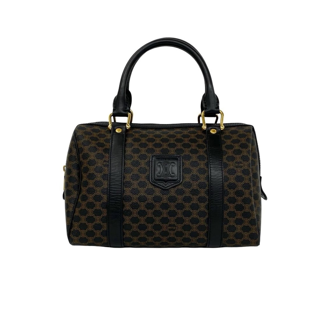 CELINE Macadam Blazon Pattern Triomphe Leather Handbag Mini Boston Bag Brown 18561: --- Catalog ---Category: SizeSize (HxWxD): 20cm x 26cm x 14cm / 7.87'' x 10.23'' x 5.51''Category: DesignType: Boston bag, HandbagColor: Black, BrownGender: WomenMaterial: Leather , PVC Category: Gene