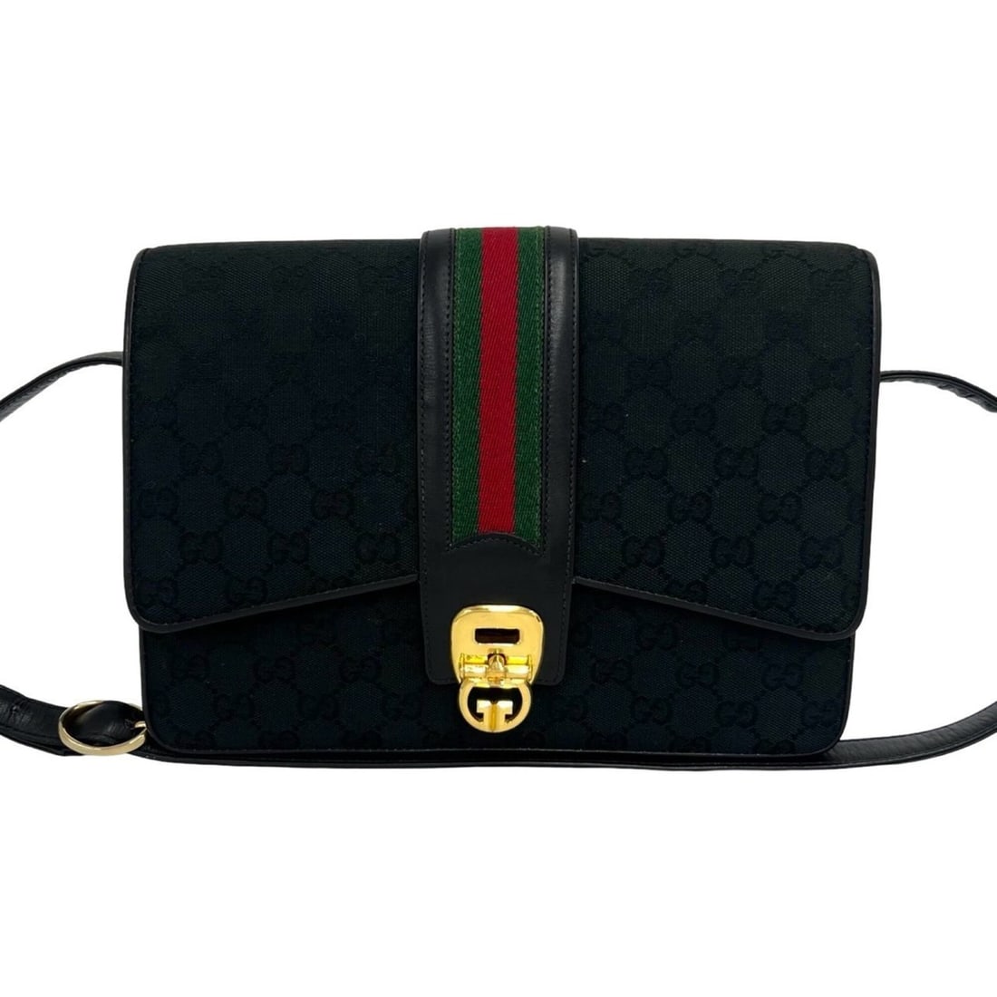 GUCCI Old Gucci Sherry Line GG Logo Pattern Canvas Leather Genuine Shoulder Bag Pouch Black 52189: --- Catalog ---Category: SizeSize (HxWxD): 19.5cm x 26.5cm x 4cm / 7.67'' x 10.43'' x 1.57''Category: DesignType: Pochette, Shoulder bagColor: Black, Green, Red colorGender: WomenMaterial: Canvas , Le