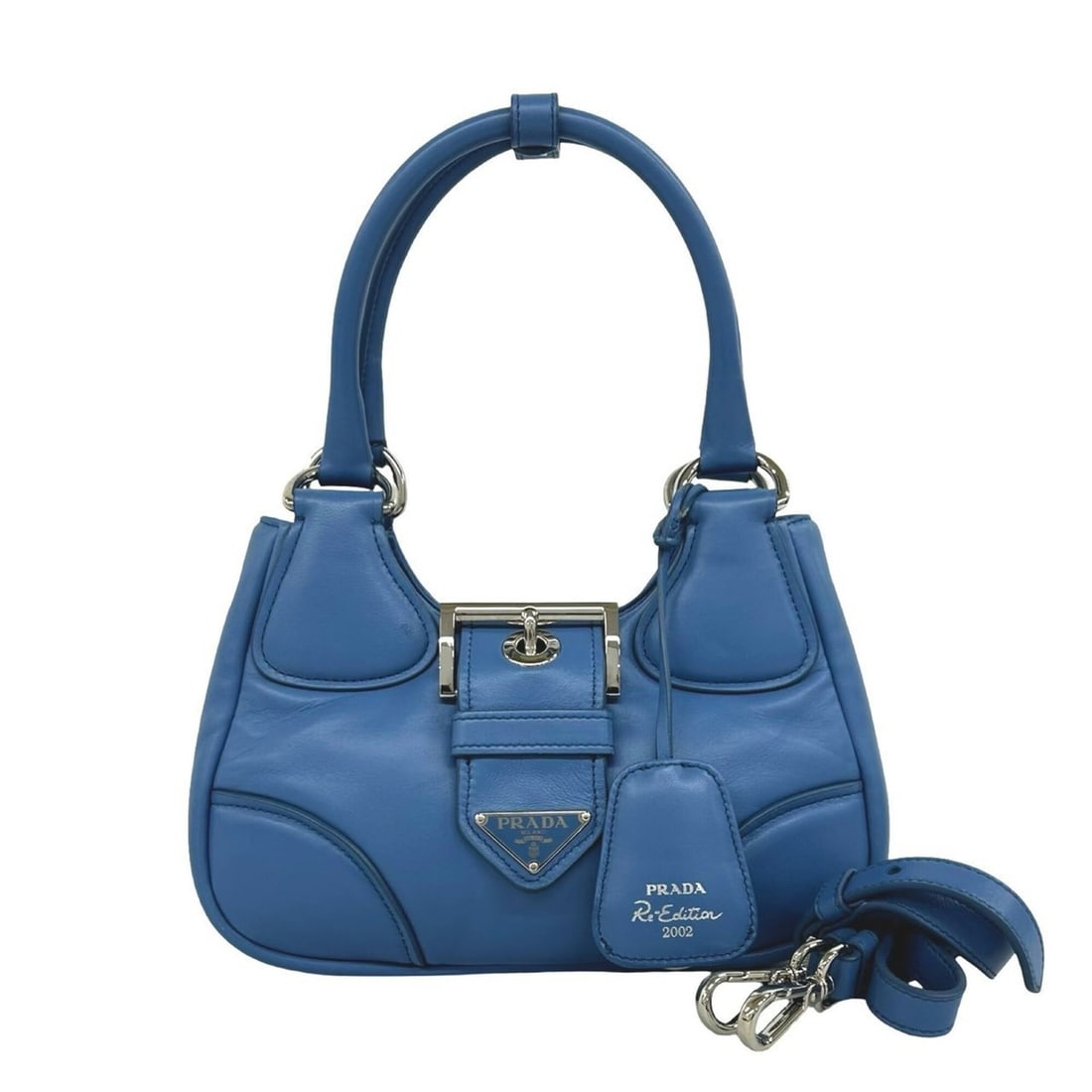 PRADA Re-Edition 2002 Triangle Logo Hardware Nappa Leather 2-way Shoulder Bag Handbag Pouch Blue: --- Catalog ---Category: SizeSize (HxWxD): 13cm x 23cm x 7cm / 5.11'' x 9.05'' x 2.75''Category: DesignType: Handbag, Pochette, Shoulder bagColor: BlueGender: WomenMaterial: Leather Category: GeneralB