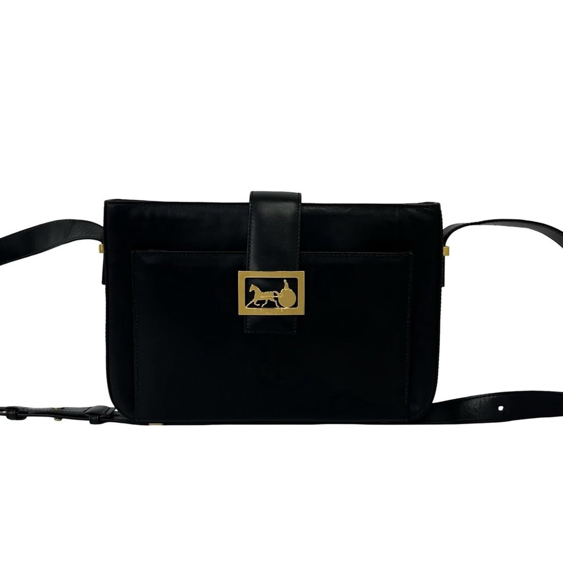 CELINE Celine Leather Shoulder Bag/Pouch/Crossbody Bag with Carriage Hardware - Black 30381: --- Catalog ---Category: SizeSize (HxWxD): 18.5cm x 28cm x 7cm / 7.28'' x 11.02'' x 2.75''Category: DesignType: Crossbody bag, Pochette, Shoulder bagColor: BlackGender: WomenMaterial: Leather Category