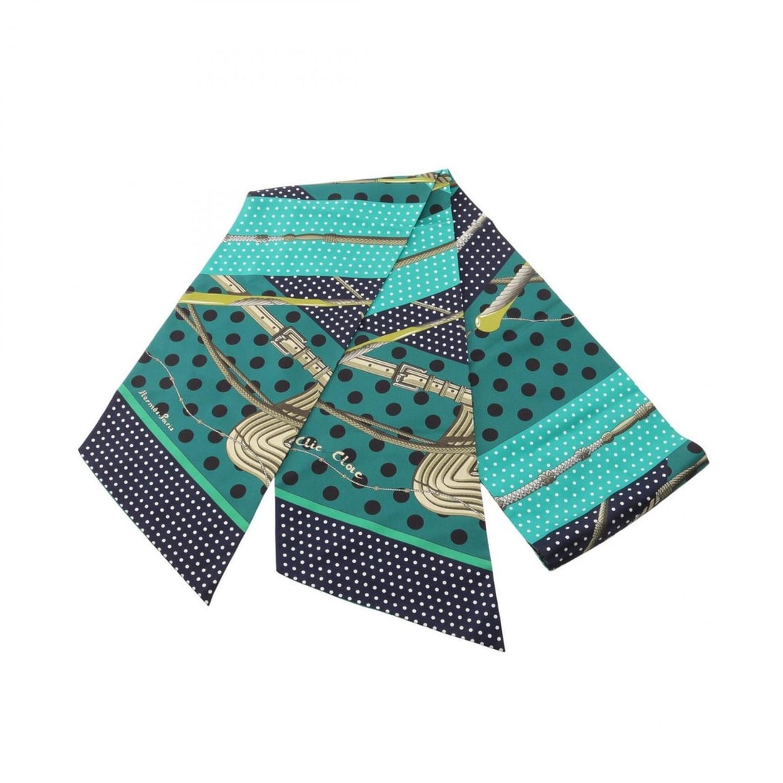 Hermes Maxi Twilly Clic Clac a Pois Scarf/Muffler, Silk, Women's, Green/Navy/Multicolor: --- Catalog ---Category: SizeSize (LxW): 2.12m x 20cm / 83.46'' x 7.87''Category: DesignType: ScarfColor: Green, Multi-color, NavyGender: WomenMaterial: Silk Category: GeneralBrand: Hermes--- Item Lis