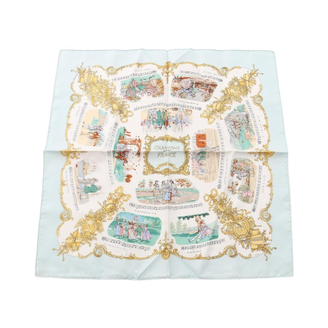 Hermes Petit Carré 45 CHANSONS DE FRANCE Scarf Muffler Silk Women's Blue Multicolor: --- Catalog ---Category: SizeSize (LxW): 42cm x 42cm / 16.53'' x 16.53''Category: DesignType: ScarfColor: Blue, Multi-colorGender: WomenMaterial: Silk Category: GeneralBrand: HermesCountry of Origin: 
