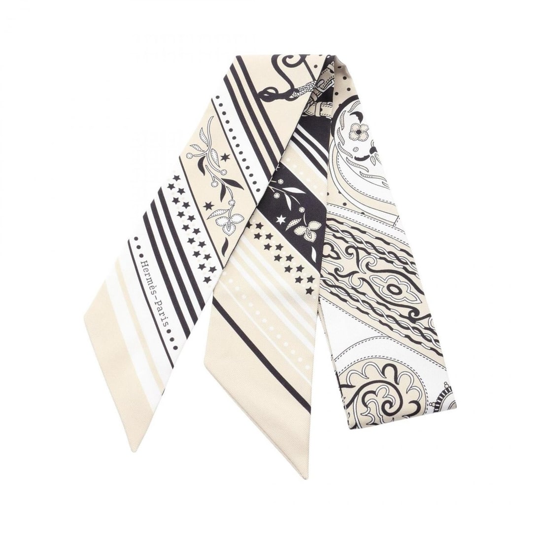 Hermes Twilly FESTIVAL DES AMAZONES Ribbon Scarf Muffler Silk Women's Beige Black White: --- Catalog ---Category: SizeSize (LxW): 85cm x 5cm / 33.46'' x 1.96''Category: DesignType: ScarfColor: Beige, Black, WhiteGender: WomenMaterial: Silk Category: GeneralBrand: Hermes--- Item List ---Se
