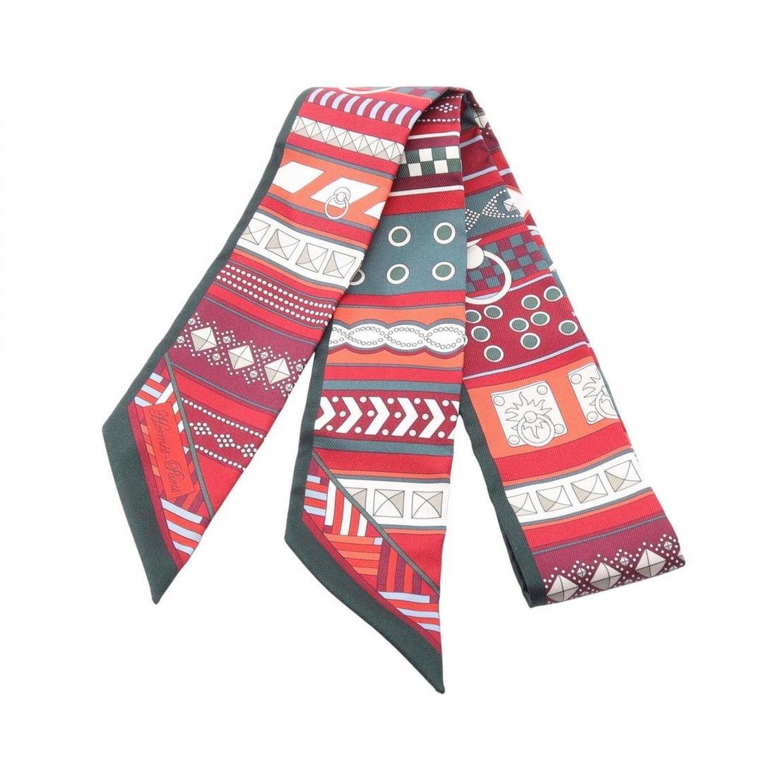 Hermes Twilly Colliers de chiens Ribbon Scarf Muffler Silk Women's Green/Burgundy Multicolor: --- Catalog ---Category: SizeSize (LxW): 85cm x 5cm / 33.46'' x 1.96''Category: DesignType: ScarfColor: Bordeaux, Green, Multi-colorGender: WomenMaterial: Silk Category: GeneralBrand: Hermes--- Item L