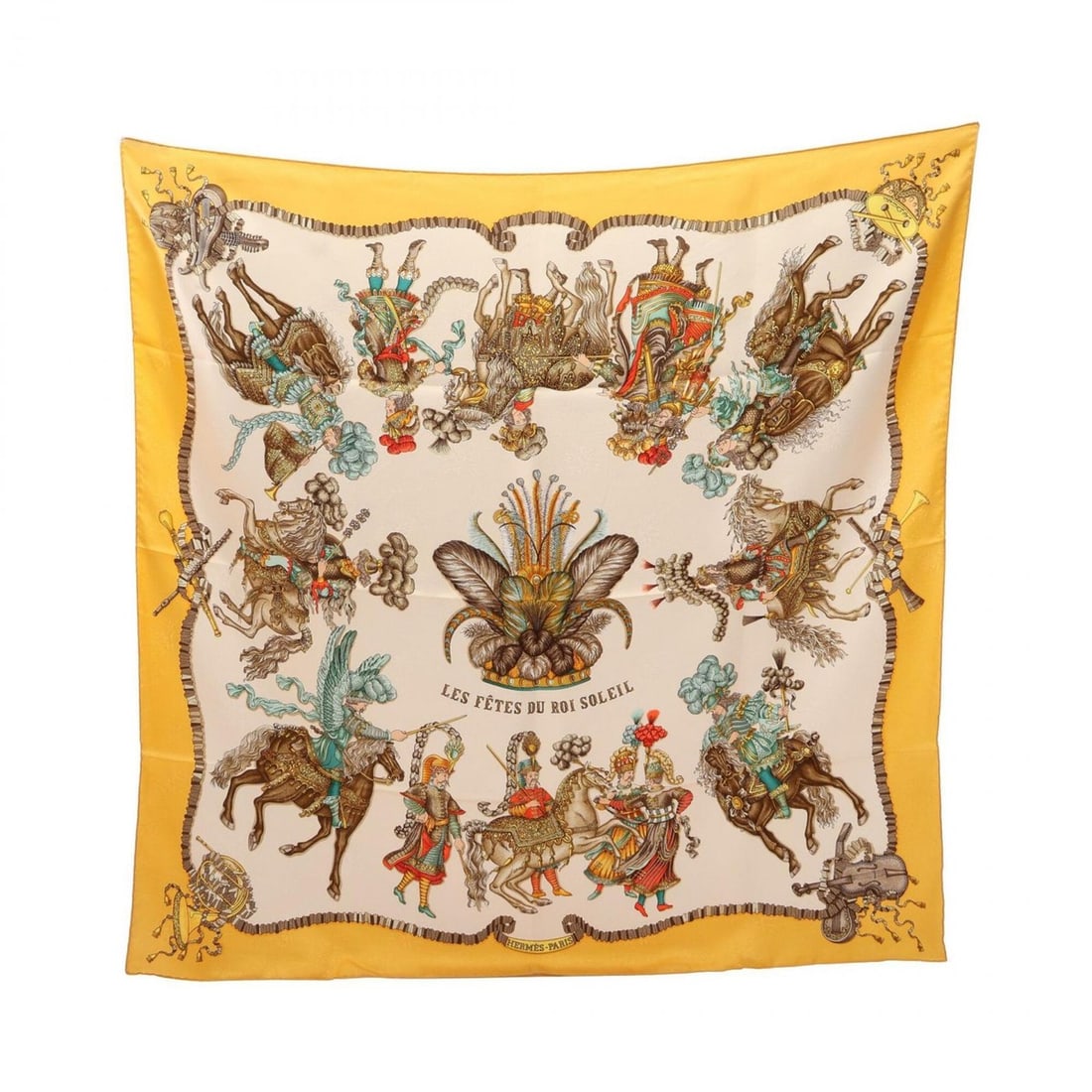 Hermes Carre 90 LES FETES DU ROI SOLEIL Scarf/Muffler, Silk, Women's, Ivory/Yellow Multicolor: --- Catalog ---Category: SizeSize (LxW): 89cm x 89cm / 35.03'' x 35.03''Category: DesignType: ScarfColor: Ivory, Multi-color, YellowGender: WomenMaterial: Silk Category: GeneralBrand: Hermes--- Item L