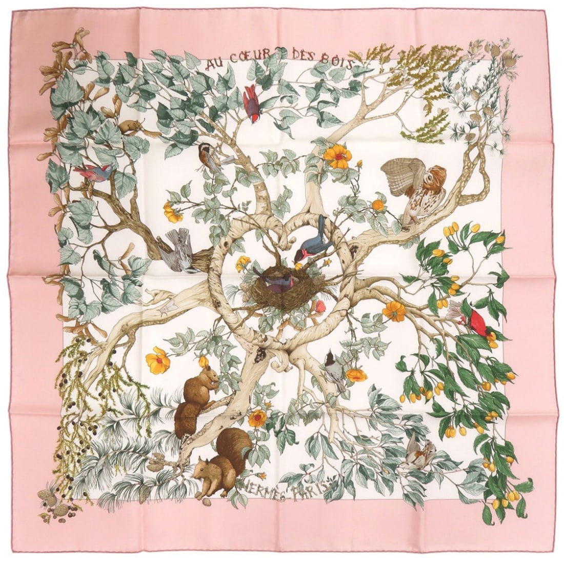 Hermes Carre 90 Au Cur des Bois (Deep in the Forest) Silk Pink Scarf/Muffler 0477HERMES: --- Catalog ---Category: SizeSize (LxW): 88cm x 88cm / 34.64'' x 34.64''Category: DesignType: ScarfColor: Green, Pink, WhiteGender: WomenMaterial: Silk Category: GeneralBrand: HermesCountry of Origin: