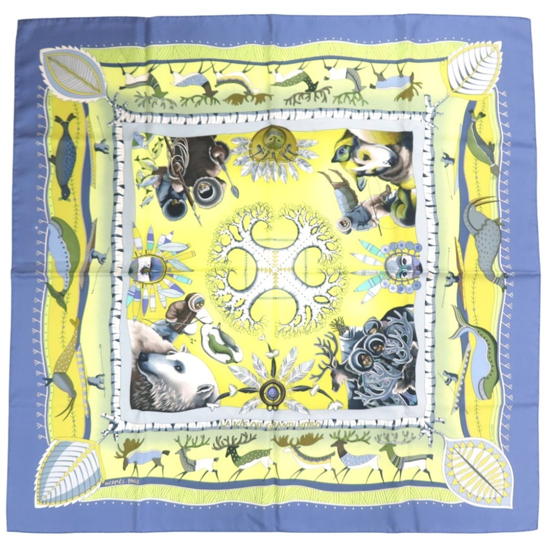 Hermes Carre 90 LA VIE DU GRAND NORD (Life in the Arctic) Scarf/Muffler, Silk, Light Blue,: --- Catalog ---Category: DesignType: ScarfColor: Blue, Light blue, YellowGender: WomenMaterial: Silk Category: GeneralBrand: HermesCountry of Origin: France--- Item List ---Section: ConditionRanking: 