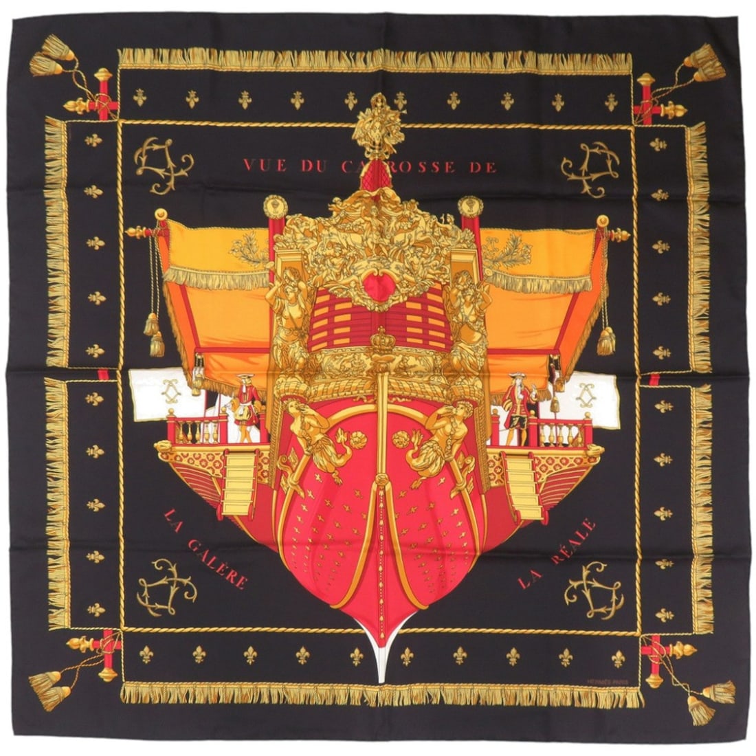 Hermes Carre 90 Queen's Coronation VUE DU CARROSSE DE LA GALERE REALE Silk Black Scarf Muffler: --- Catalog ---Category: DesignType: ScarfColor: Black, Red color, YellowGender: WomenMaterial: Silk Category: GeneralBrand: HermesCountry of Origin: France--- Item List ---Section: ConditionRanking: 