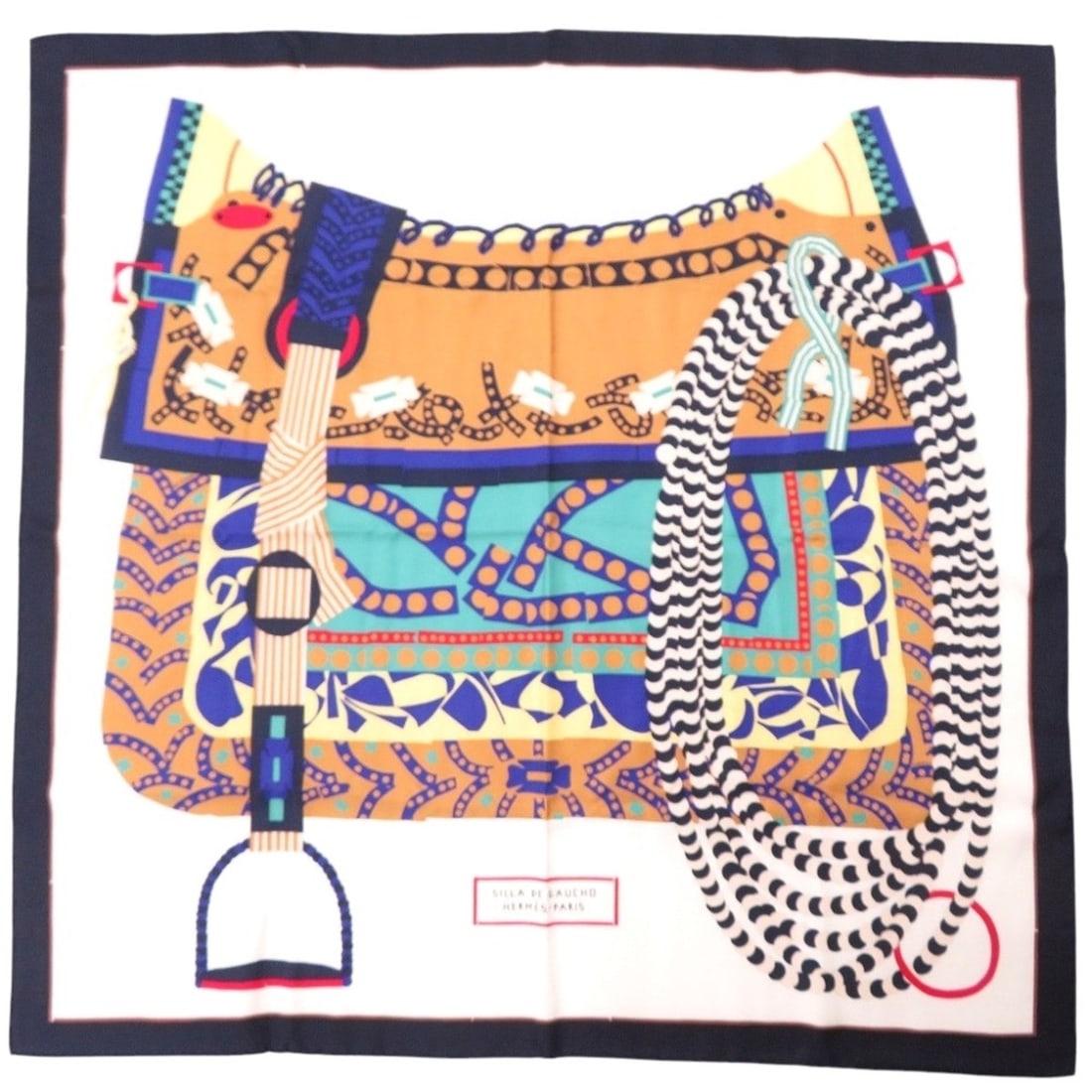 Hermes Carre 90 SILLA DE GAUCHO (Saddle of Gaucho) Silk White Multicolor Scarf/Muffler 0587HERMES: --- Catalog ---Category: DesignType: ScarfColor: Beige, Multi-color, WhiteGender: WomenMaterial: Silk Category: GeneralBrand: HermesCountry of Origin: France--- Item List ---Section: ConditionRanking: