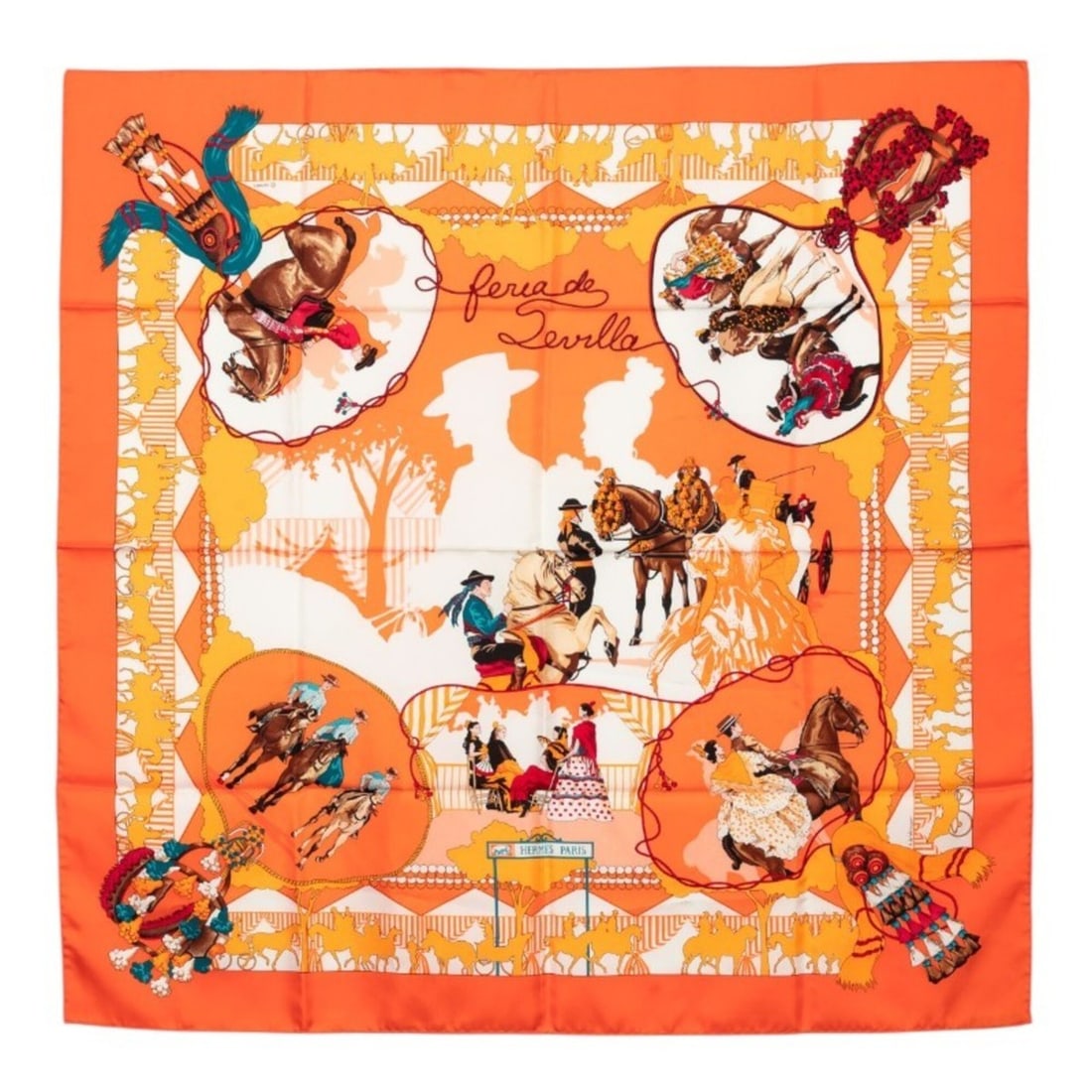 Hermes Carre 90 Feria de Sevilla (Holiday in Seville) Scarf/Muffler, Orange Multicolor Silk, Women's: --- Catalog ---Category: SizeSize (LxW): 86cm x 87.5cm / 33.85'' x 34.44''Category: DesignType: ScarfColor: Multi-color, OrangeGender: WomenMaterial: Silk Category: GeneralBrand: Hermes--- Item List -