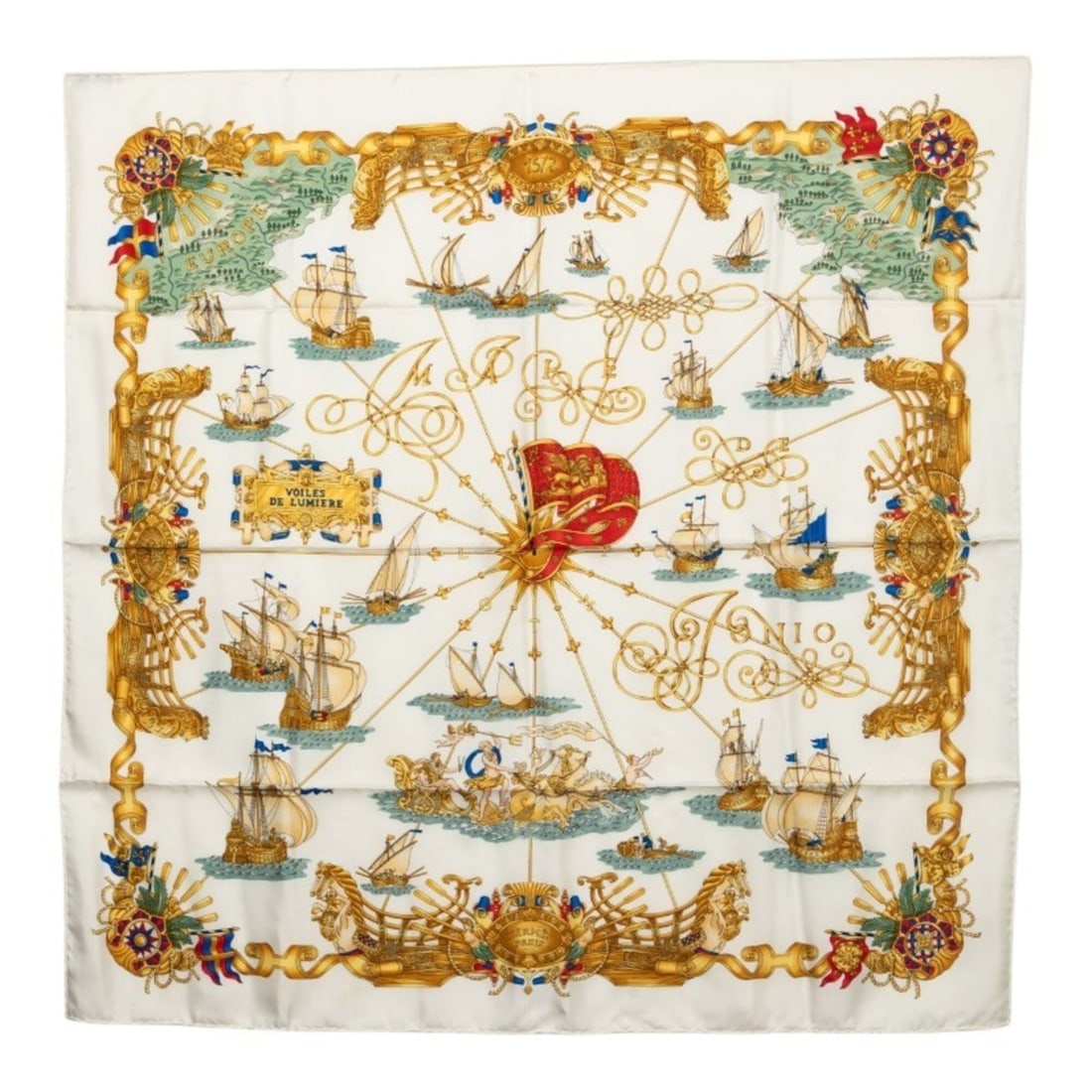 Hermes Carre 90 VOILES DE LUMIERE (Sailboats of Light) Scarf/Muffler, Large Size, White/Multicolor: --- Catalog ---Category: SizeSize (LxW): 89cm x 89cm / 35.03'' x 35.03''Category: DesignType: ScarfColor: Multi-color, WhiteGender: WomenMaterial: Silk Category: GeneralBrand: Hermes--- Item List ---S