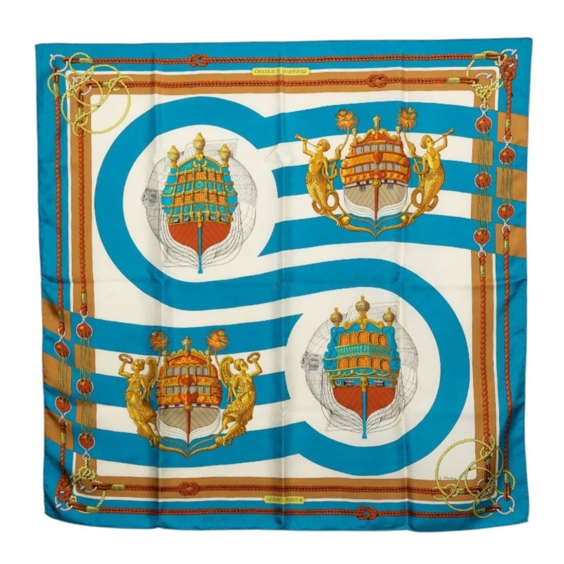 Hermes Carre 90 Chateau de Arriere Scarf, Large Size, Blue Multicolor Silk, Women's.: --- Catalog ---Category: SizeSize (LxW): 87cm x 90cm / 34.25'' x 35.43''Category: DesignType: ScarfColor: Blue, Multi-colorGender: WomenMaterial: Silk Category: GeneralBrand: Hermes--- Item List ---Se