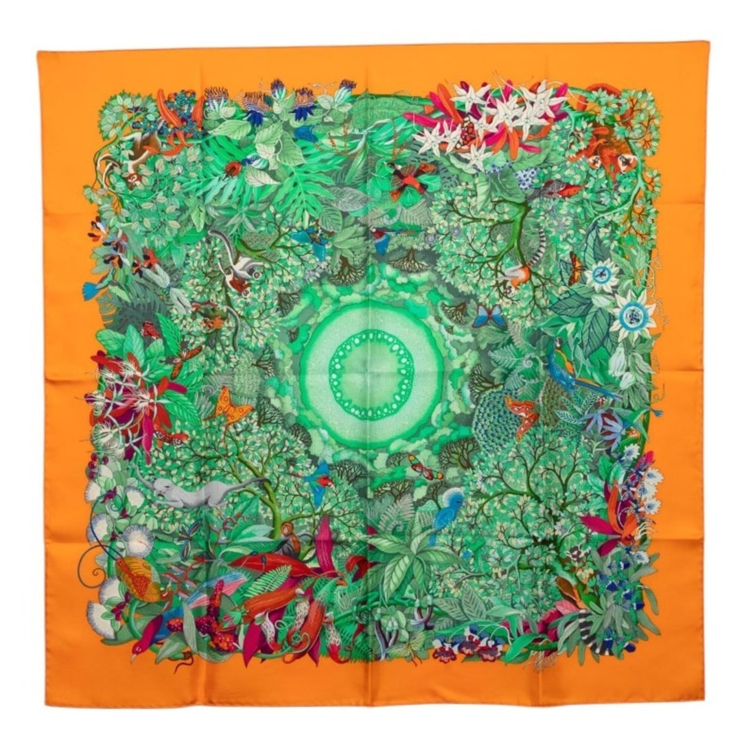 Hermes Carre 90 Au Coeur de la Vie (Forest of Life) Scarf/Muffler, Orange Multicolor Silk, Women's: --- Catalog ---Category: SizeSize (LxW): 87cm x 88cm / 34.25'' x 34.64''Category: DesignType: ScarfColor: Multi-color, OrangeGender: WomenMaterial: Silk Category: GeneralBrand: Hermes--- Item List ---