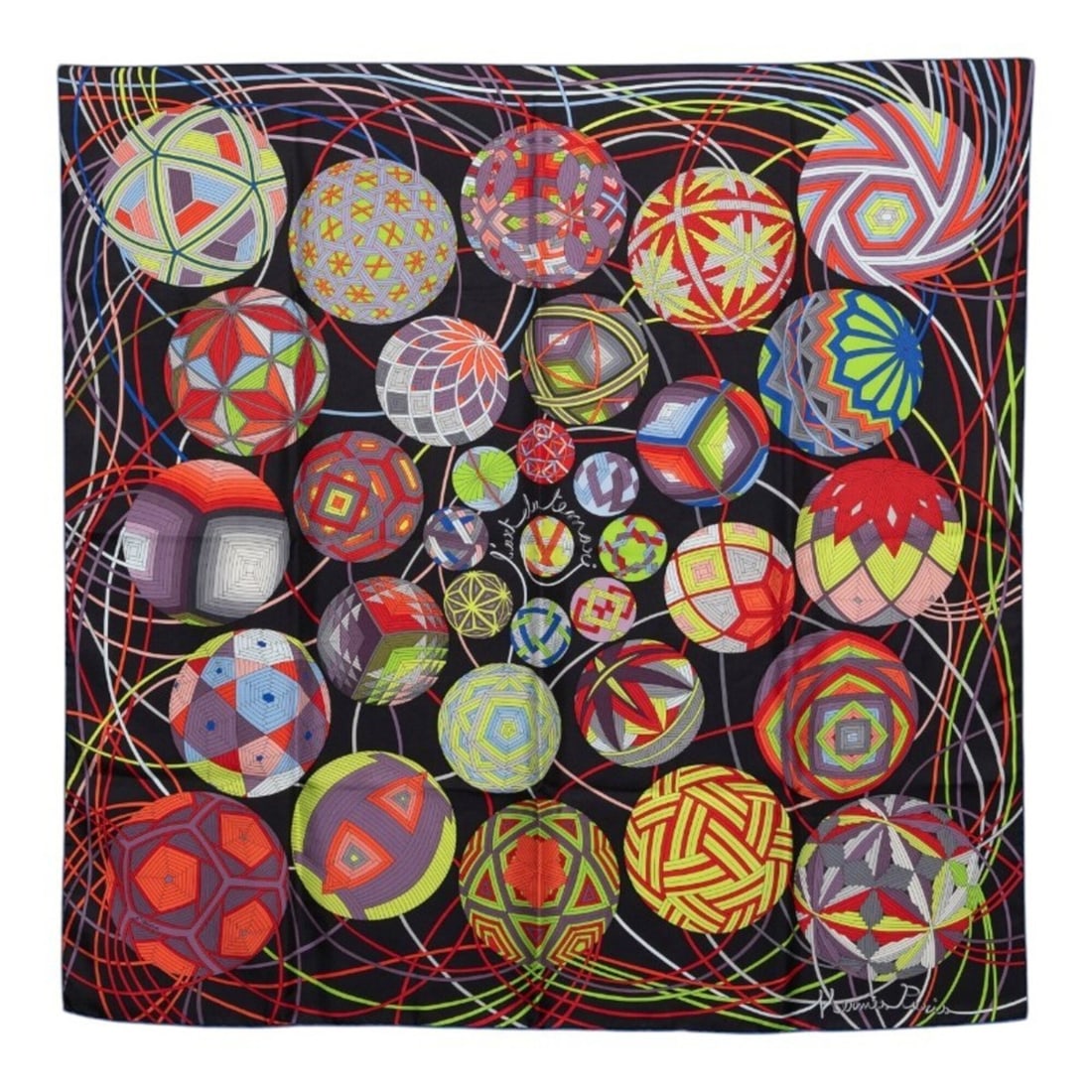 Hermes Carre 90 Lart du temari (Temari Ball Universe) Scarf/Muffler, Black/Multicolor Silk, Women's.: --- Catalog ---Category: SizeSize (LxW): 85.5cm x 86cm / 33.66'' x 33.85''Category: DesignType: ScarfColor: Black, Multi-colorGender: WomenMaterial: Silk Category: GeneralBrand: Hermes--- Item List --
