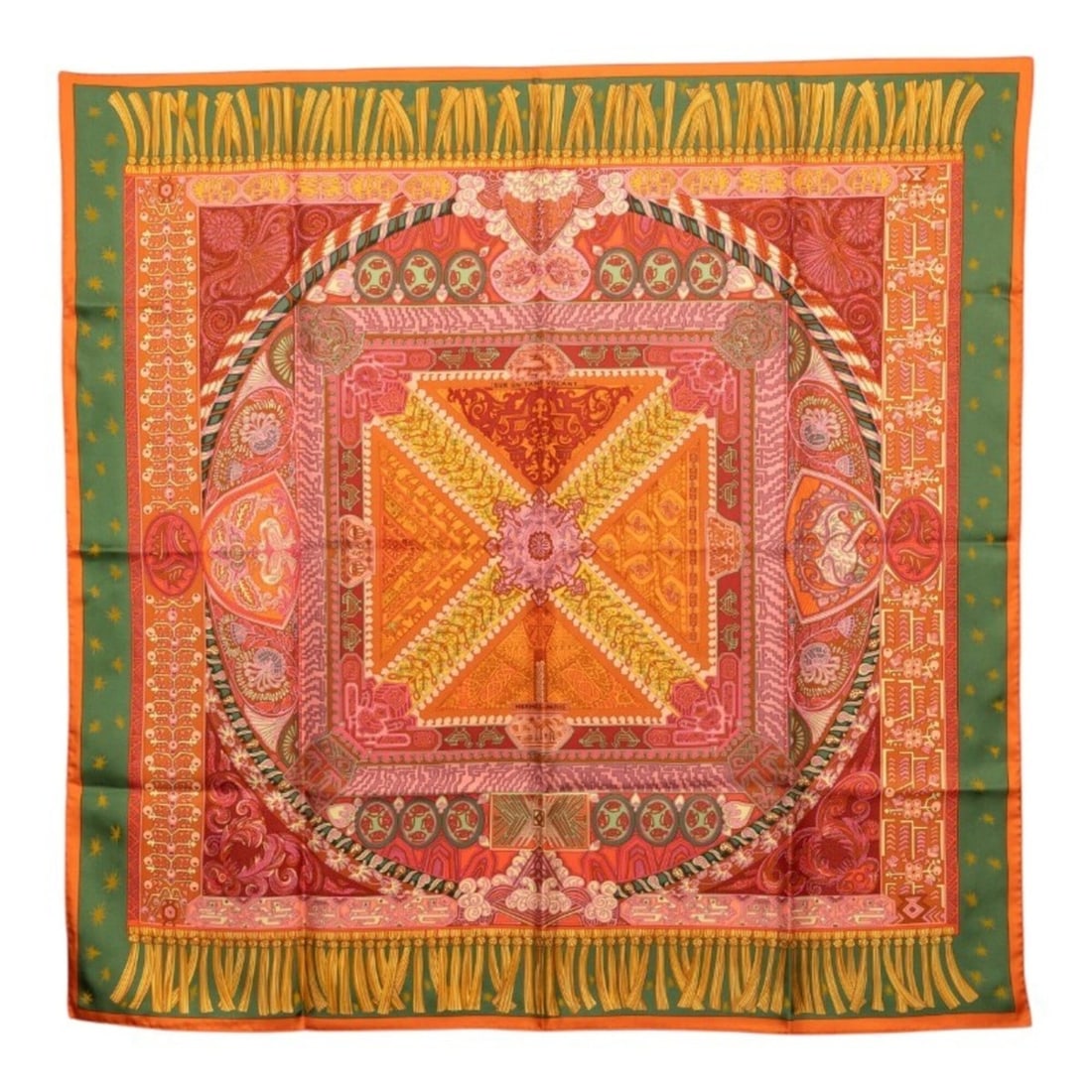 Hermes Carre 90 SUR UN TAPIS VOLANT (Flying Carpet) Scarf/Muffler, Orange Multicolor Silk, Women's: --- Catalog ---Category: SizeSize (LxW): 89cm x 89.5cm / 35.03'' x 35.23''Category: DesignType: ScarfColor: Multi-color, OrangeGender: WomenMaterial: Silk Category: GeneralBrand: Hermes--- Item List -