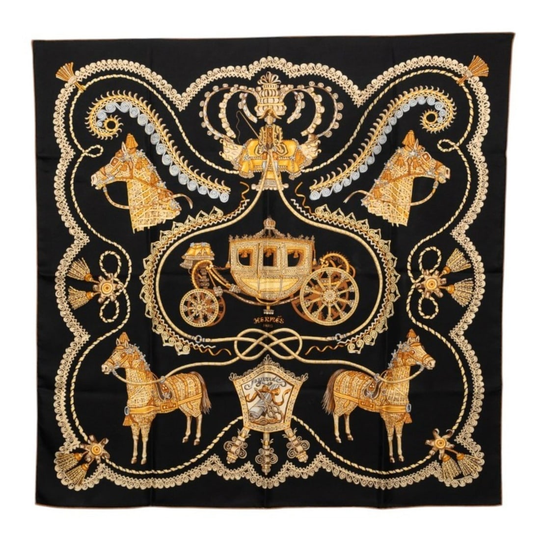 Hermes Carre 90 PAPEROLES (Paperoles) - Carriage and Nobility Scarf/Muffler Black Multicolor Silk: --- Catalog ---Category: SizeSize (LxW): 87.5cm x 88.7cm / 34.44'' x 34.92''Category: DesignType: ScarfColor: Black, Multi-colorGender: WomenMaterial: Silk Category: GeneralBrand: Hermes--- Item List 