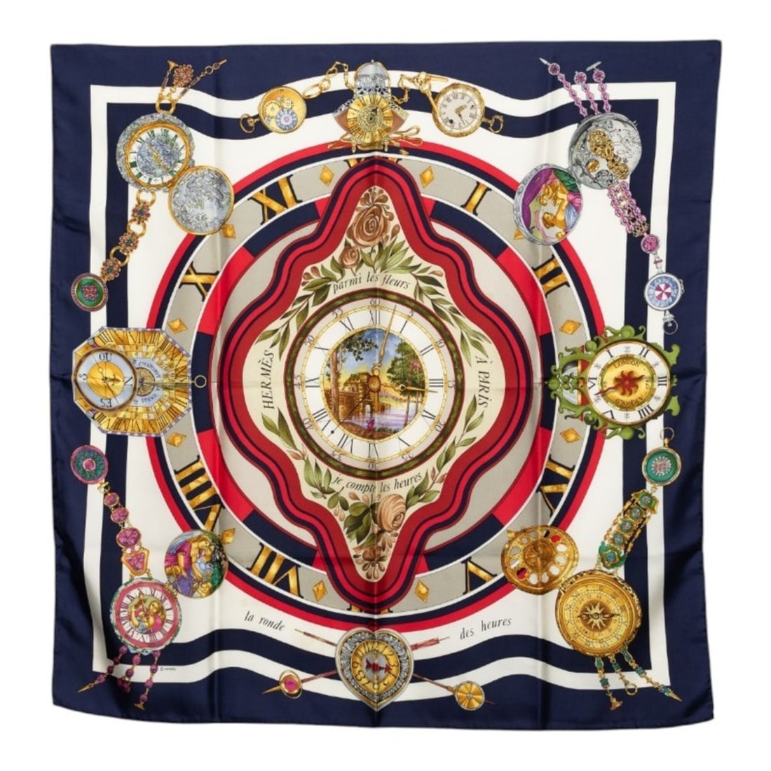 Hermes Carre 90 Parmi Les Fleurs Je Compt (Time in the Flowers) Scarf/Muffler, Large Size,: --- Catalog ---Category: SizeSize (LxW): 90cm x 90cm / 35.43'' x 35.43''Category: DesignType: ScarfColor: Multi-color, NavyGender: WomenMaterial: Silk Category: GeneralBrand: Hermes--- Item List ---Se