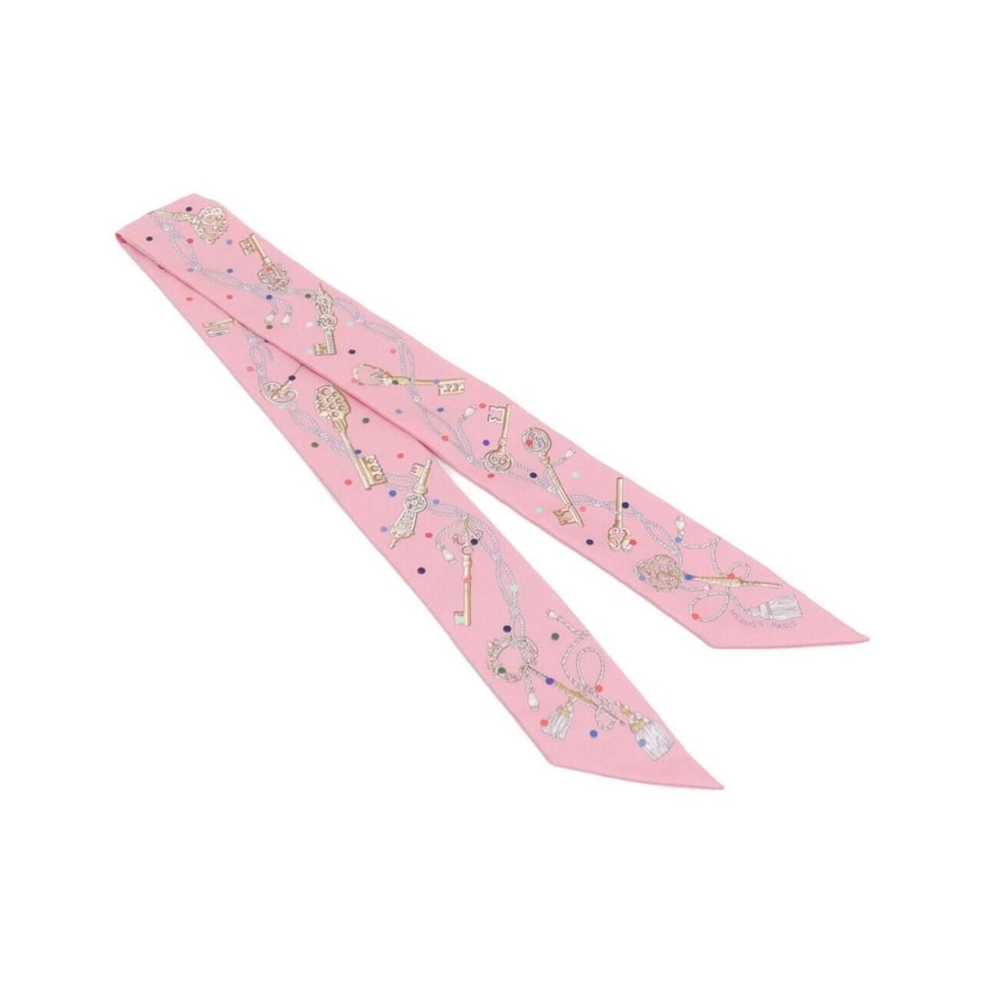 Hermes LES CLES A POIS Twilly 063871S Scarf Muffler: --- Catalog ---Category: SizeSize (LxW): 5cm x 86cm / 1.96'' x 33.85''Category: DesignType: ScarfColor: Beige, Multi-color, PinkGender: Women,MenMaterial: Silk Category: GeneralMPN: 063871SBrand: Herm