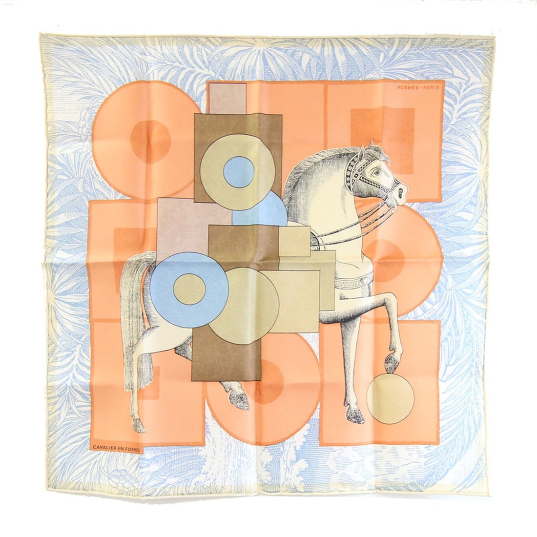 Hermes Scarf/Muffler, Carre 42, CAVALIER EN FORMES (Cavalier en Formes), Light Blue/Orange, 100%: --- Catalog ---Category: SizeSize (LxW): 41.5cm x 43cm / 16.33'' x 16.92''Category: DesignType: ScarfColor: Light blue, OrangeGender: WomenMaterial: Silk Category: GeneralBrand: HermesCountry of